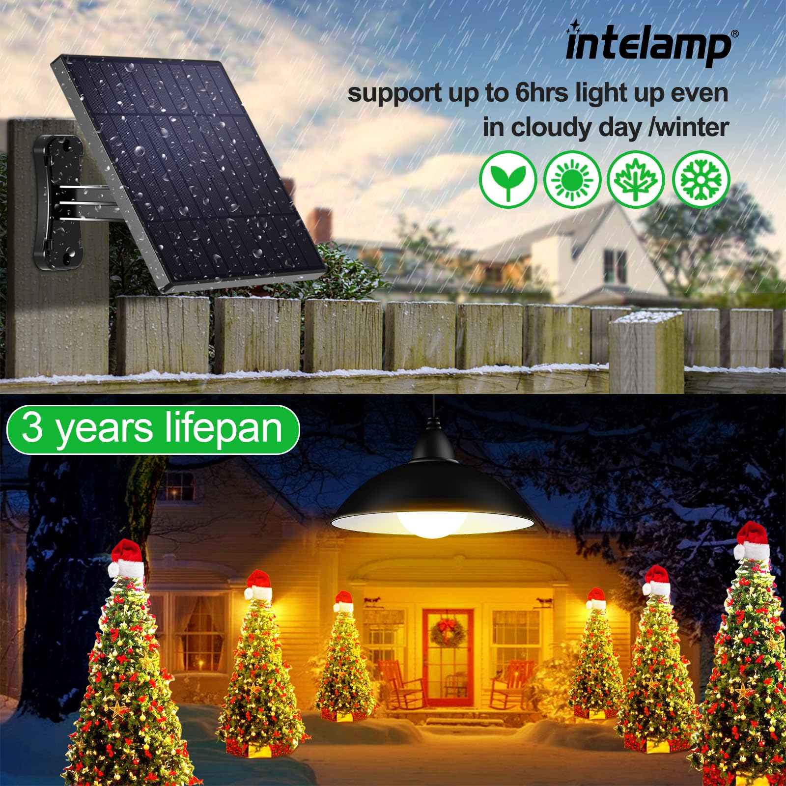intelamp Solar Pendant Lights, 2 Packs, 4000mAh, Indoor/Outdoor Chandelier, Warm White, Black, Model 150