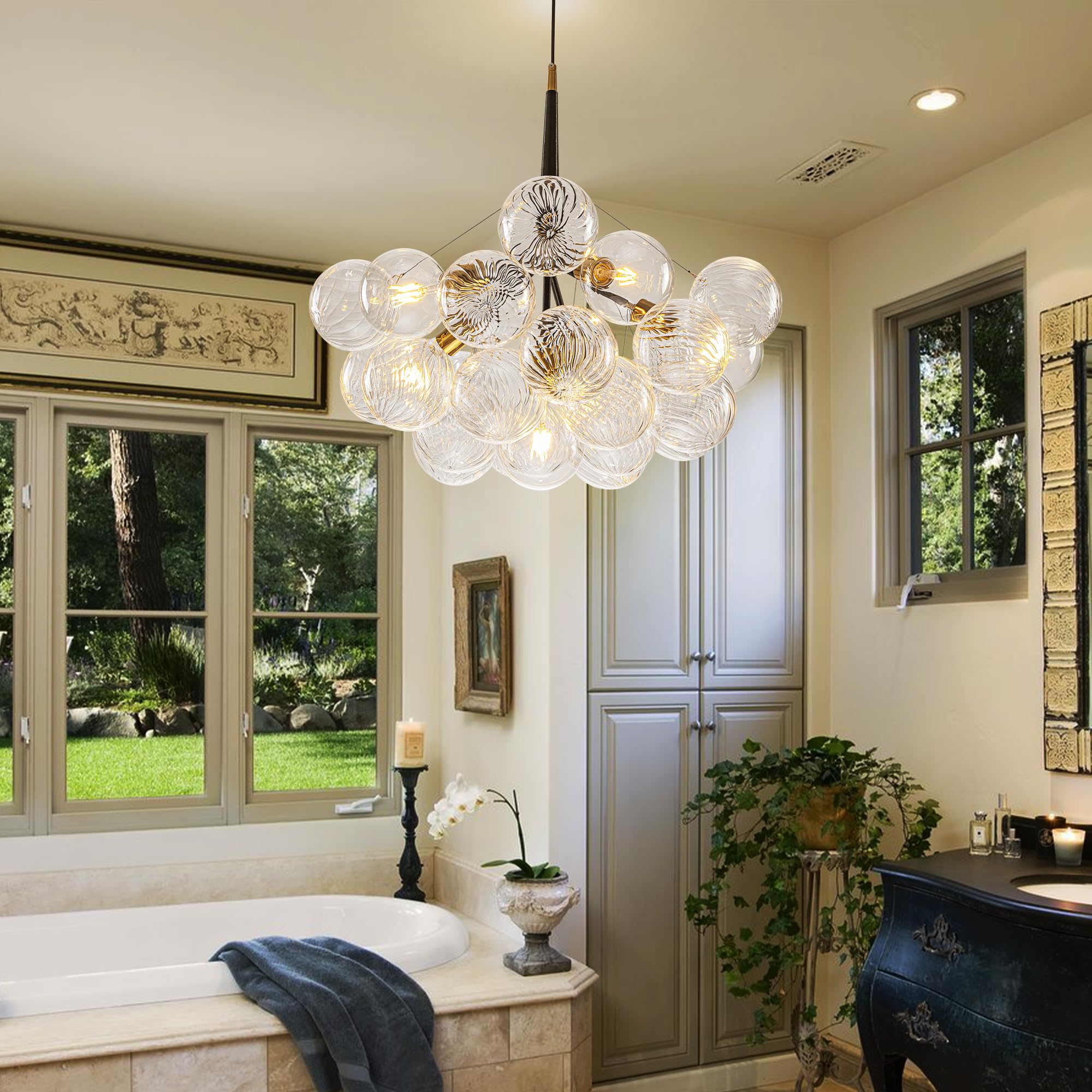 Longree Modern Bubble Ball Swirled Glass Chandelier, Dia 24 Inch Black And Clear Globe Blown Glass Small Ceiling Lights Fixture