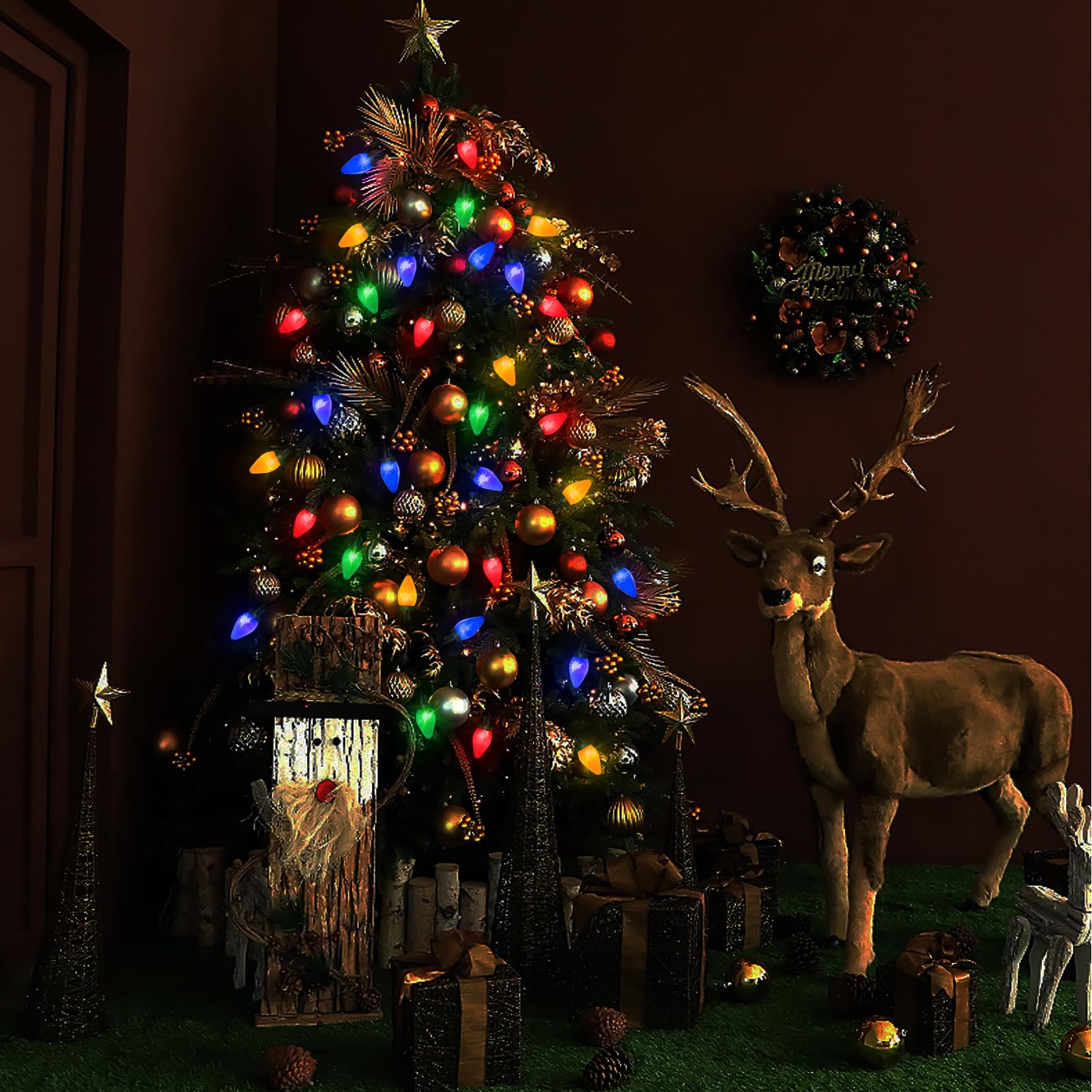 Anycosy Christmas Lights, 29.5 Ft 60 Leds C7 Battery Operated Strings Lights 8 Modes With Auto On/Off Time For Xmas Tree Garland