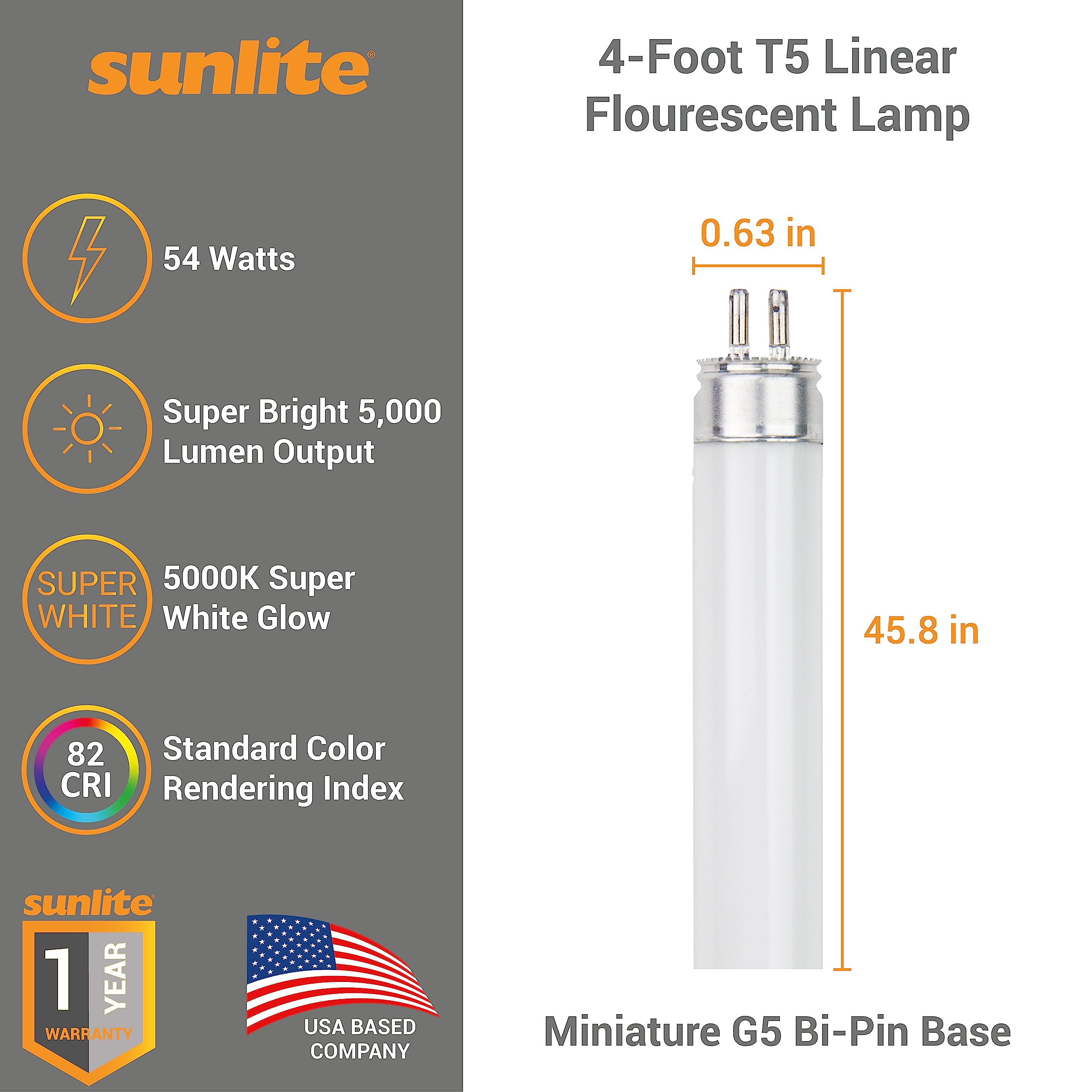Sunlite F54T5/850/HO 4 Foot T5 Linear Fluorescent Lamp, 54 Watts, 5000 Lumens, 5000K Daylight, Miniature G5 Bi-Pin Base, ROHS Co