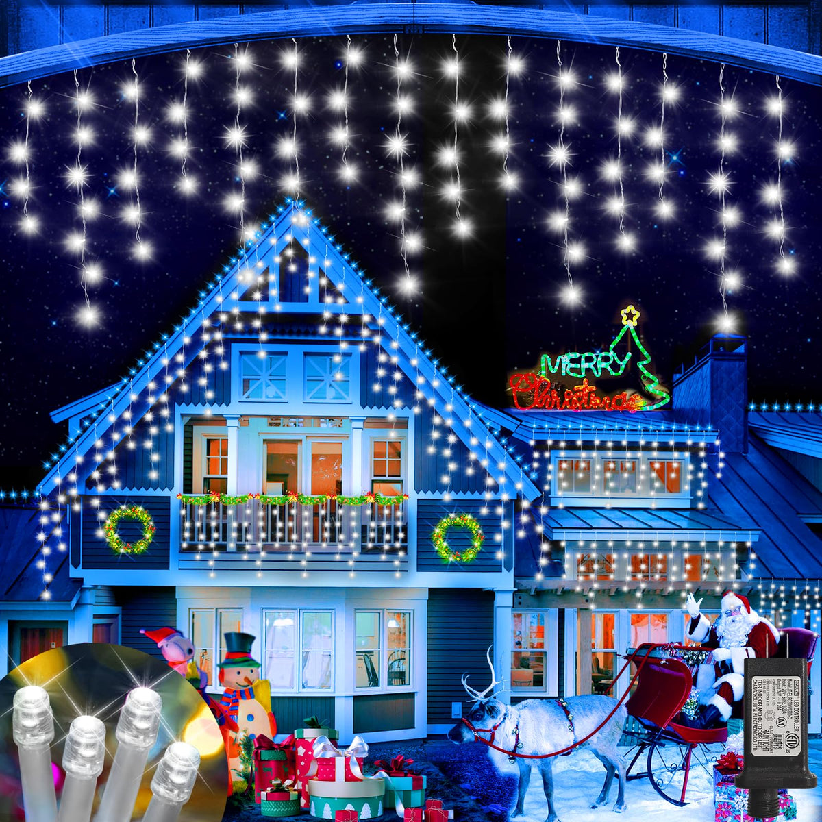 JREWDOIN 52FT 512LED Christmas Lights Outdoor Waterproof Curtain Lights with 8 Modes Timer Hanging Fairy Lights Plug in String Lights for Holiday Wedding Party Decoration(Cool White)