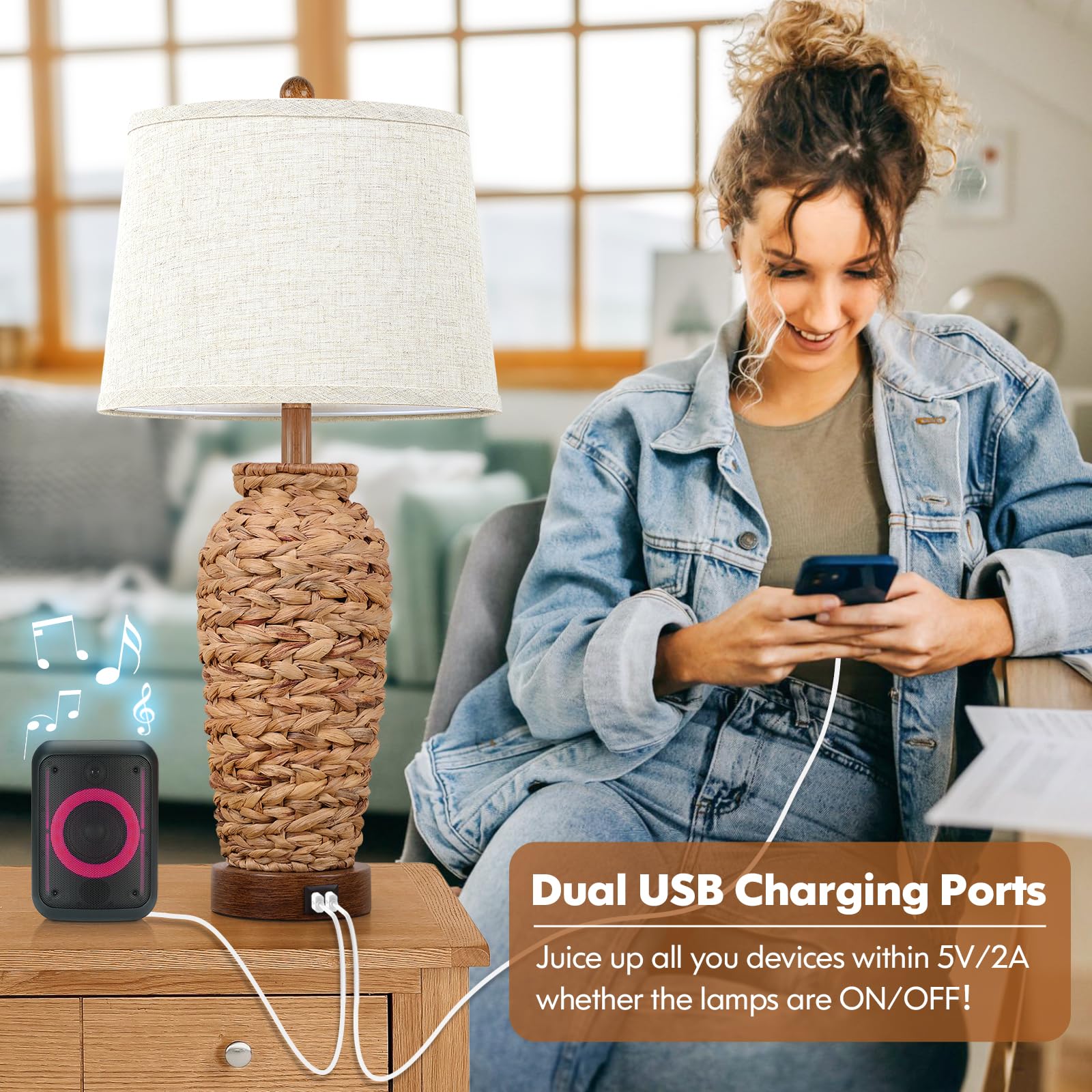 Set Of 2 Rattan Table Lamps, 27In Tall Boho Table Lamps With 2 Usb Charging Ports, Farmhouse Rustic Woven Seagrass Bedside Lamps