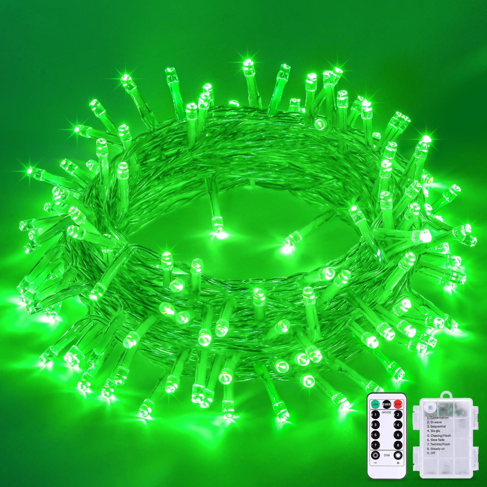 Jmexsuss Green Battery Operated Halloween Lights, 33Ft 100 Led Battery Operated Christmas String Lights, Twinkle Fairy Mini Lights With 8 Modes Remote Indoor Outdoor Waterproof For Halloween Dec.