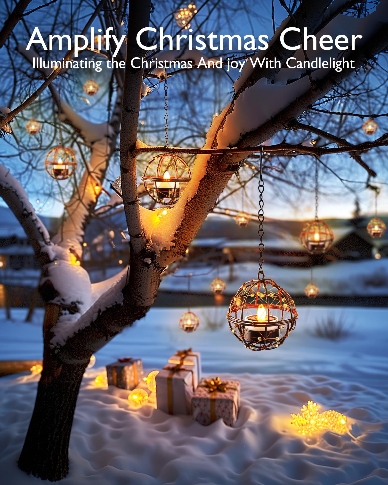 Homemory Solar Tea Lights Outdoor Waterproof Hanging Lanterns, Beaded Copper Wire Ball Holders With Solar Powered Tea Lights Can