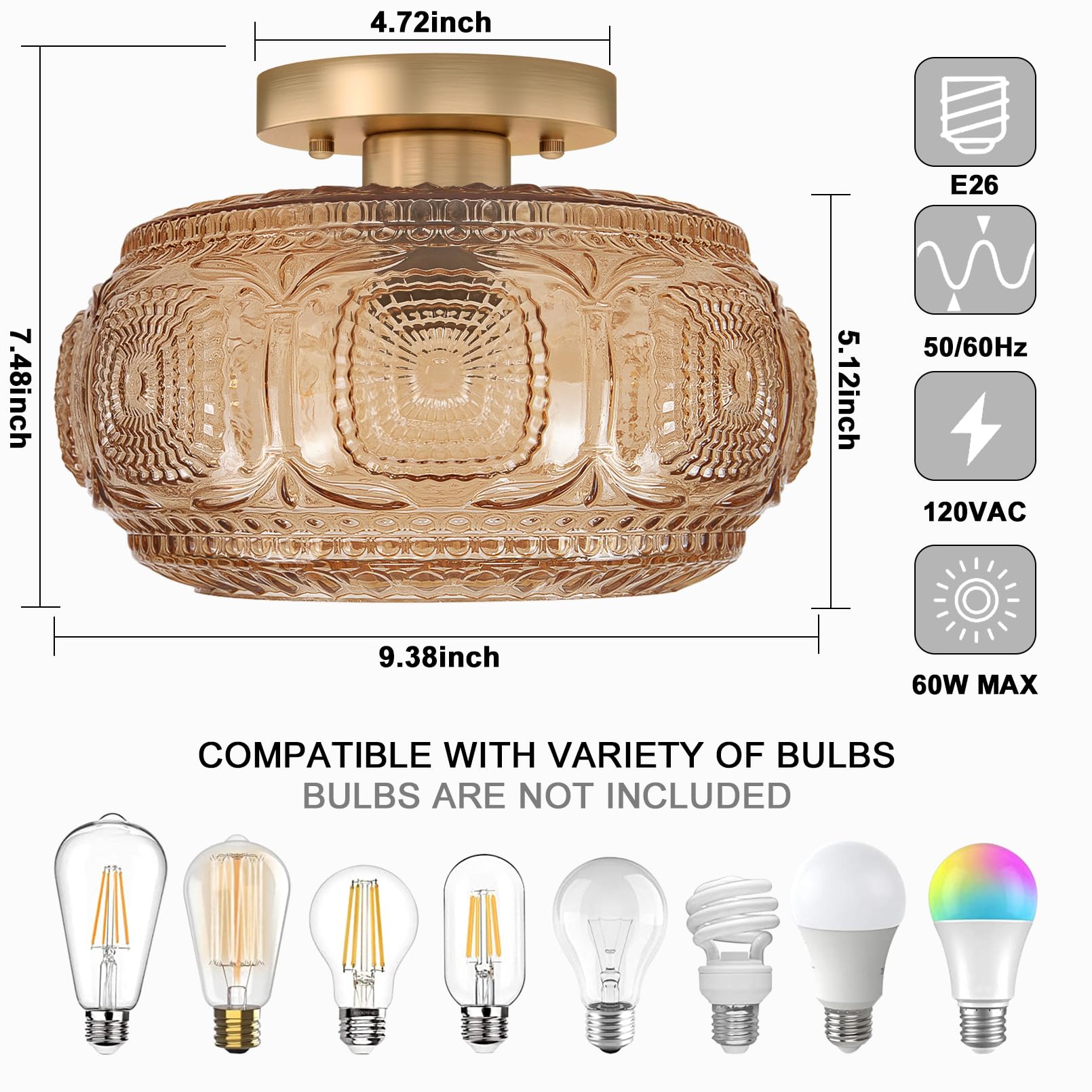 OYKYOHEI Semi Flush Mount Ceiling Light, Amber Glass Fixture for Hallway, 9.38 Inch, Art Deco Design, Bulb Not Included
