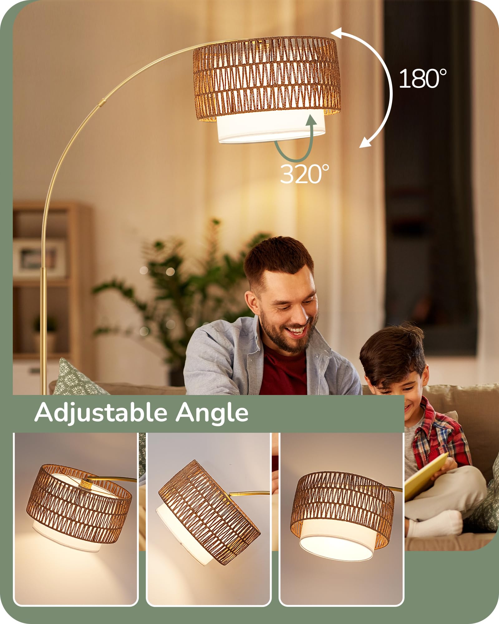 Edishine 76'' Gold Arched Floor Lamp With Remote, Boho Farmhouse Floor Lamp With Rattan & Fabric Shades, Tall Arc Standing Lamp