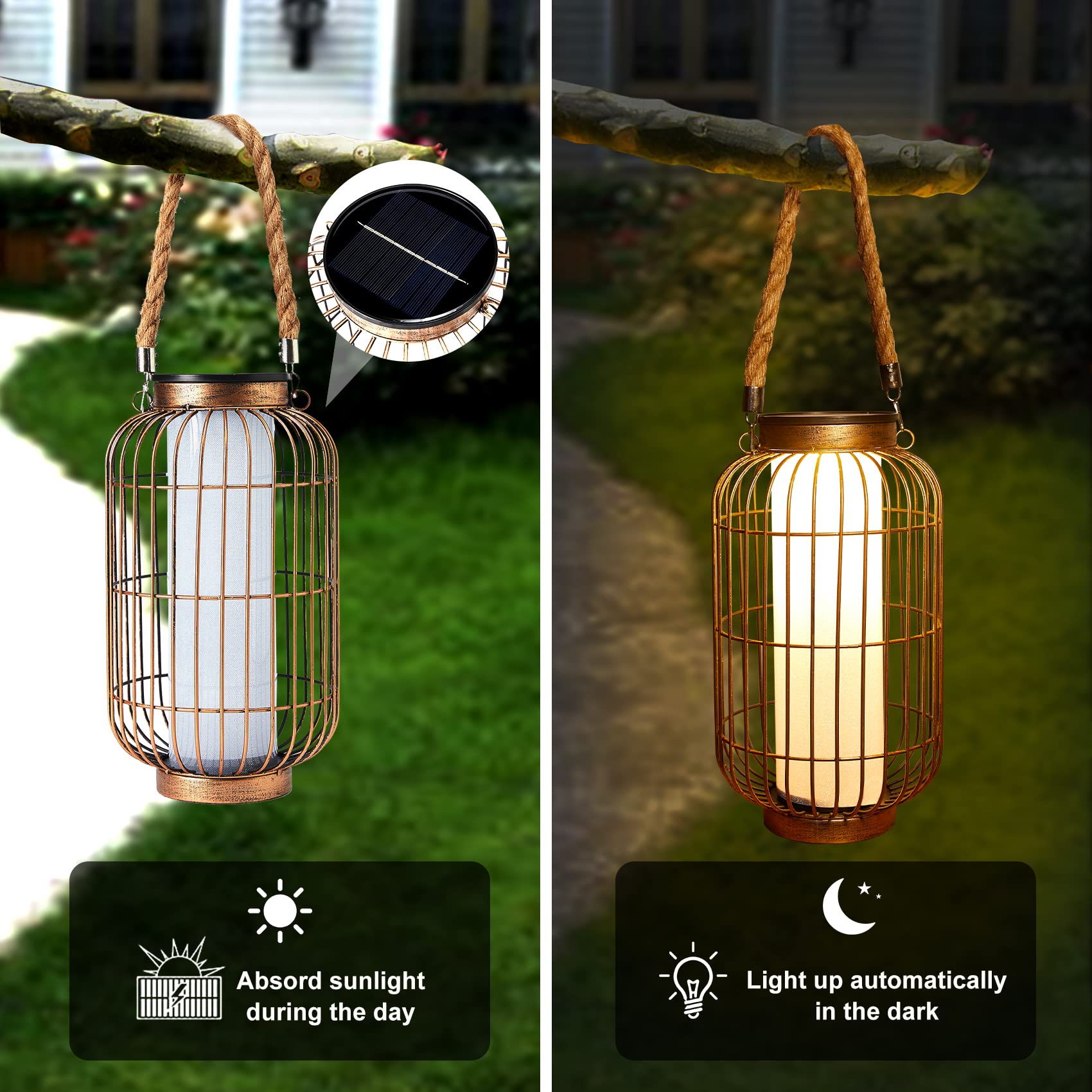 baterysu Solar Lantern - Waterproof LED Hanging Light, Retro Metal, Bronze, Model HIA512.V7, Ideal for Outdoor Garden, Patio, Porch, Walkway