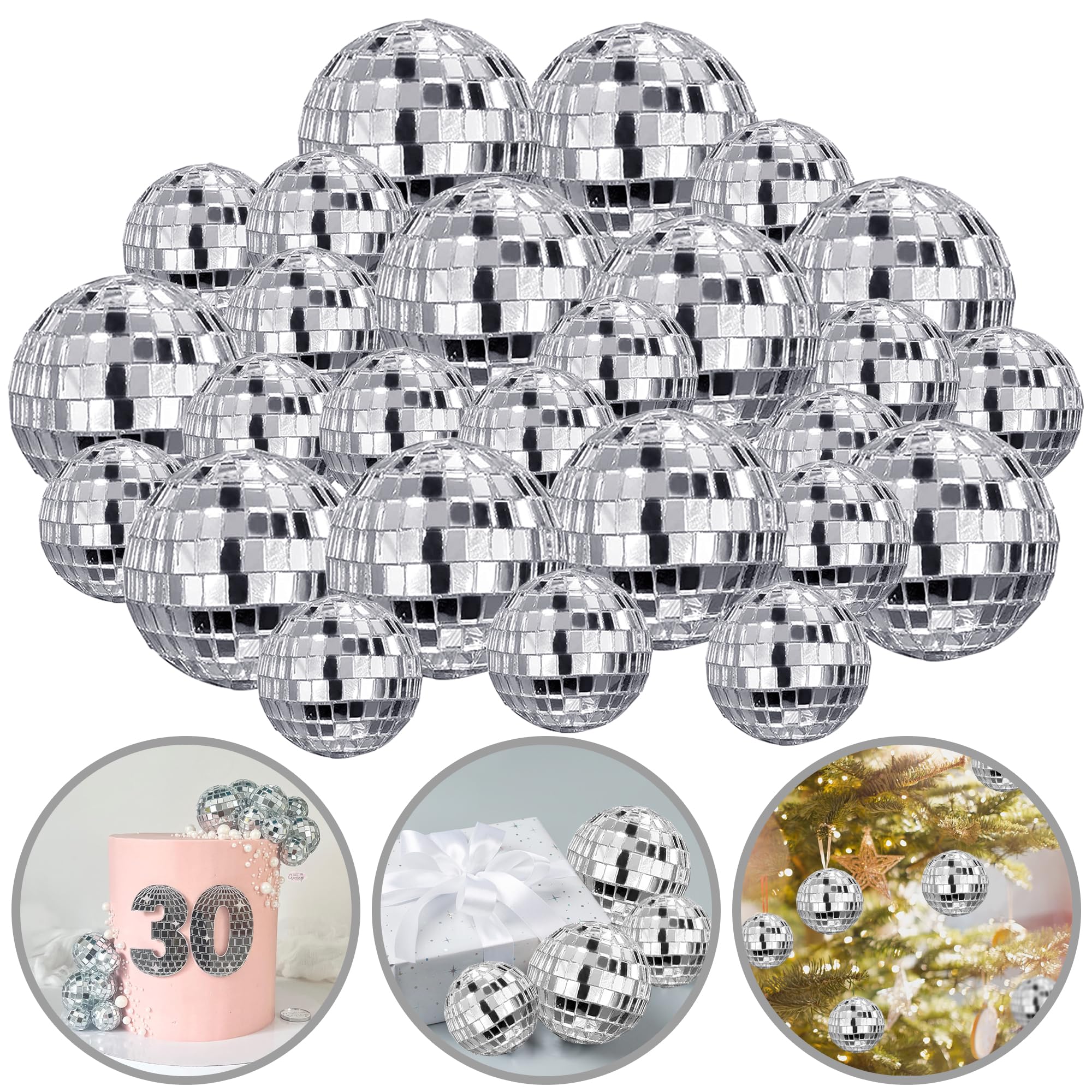 45 PCS 0.78Inch 1.18Inch Disco Ball Cake Decoration Ornaments Reflective Mirror Ball Cake Decoration 70s Disco Themed Party Deco