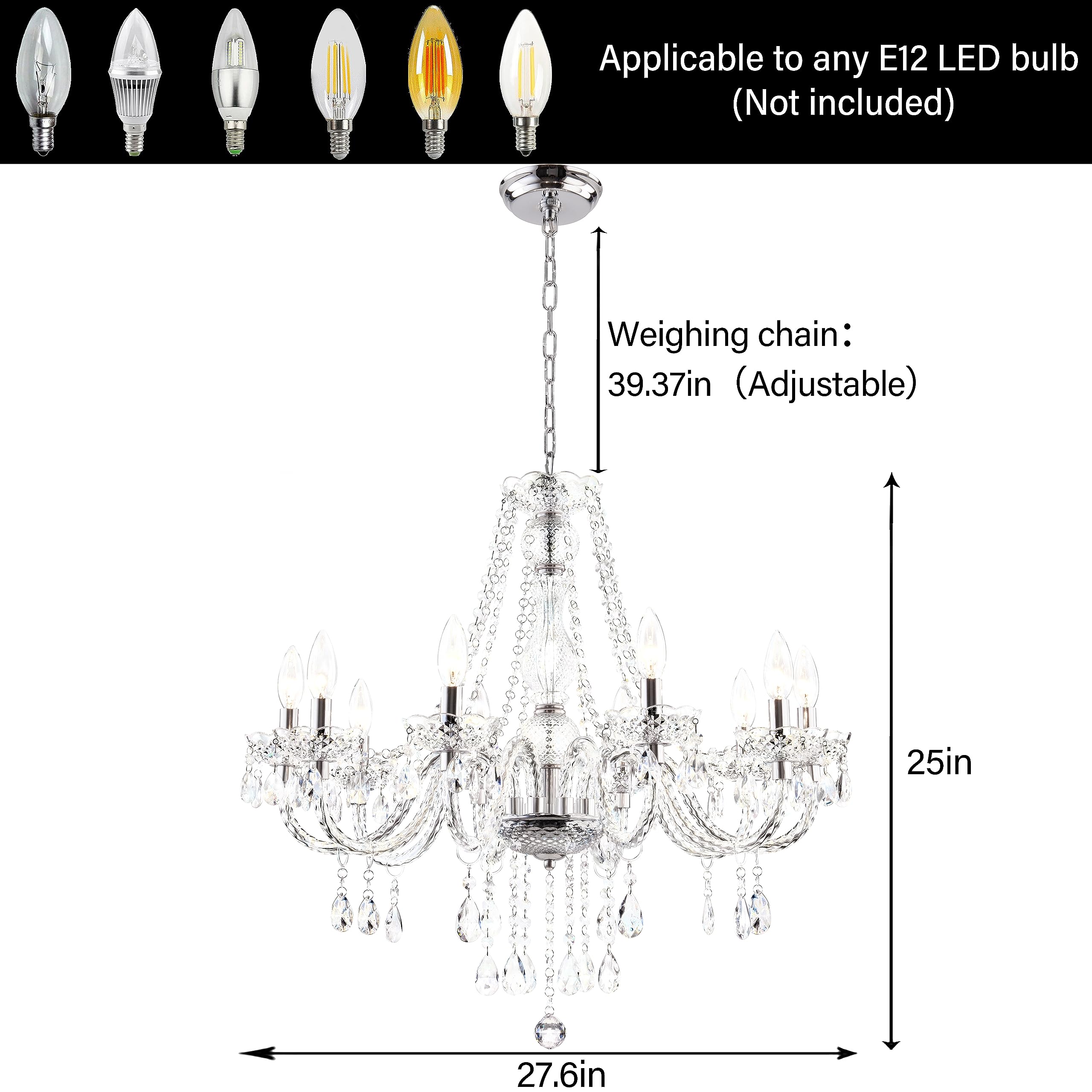 PAPAYA 10-Light Crystal Chandelier Pendant Lighting Fixture 25x27.5in Clear-10 for Girls Room, Living Room, Kitchen Island, Entryway
