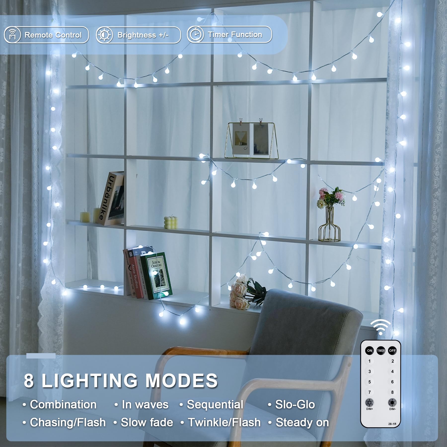 JMEXSUSS 100ft Globe String Lights, 200 LED Waterproof Fairy Lights, Plug-in with Remote, White, Model EXS-S-0100-R