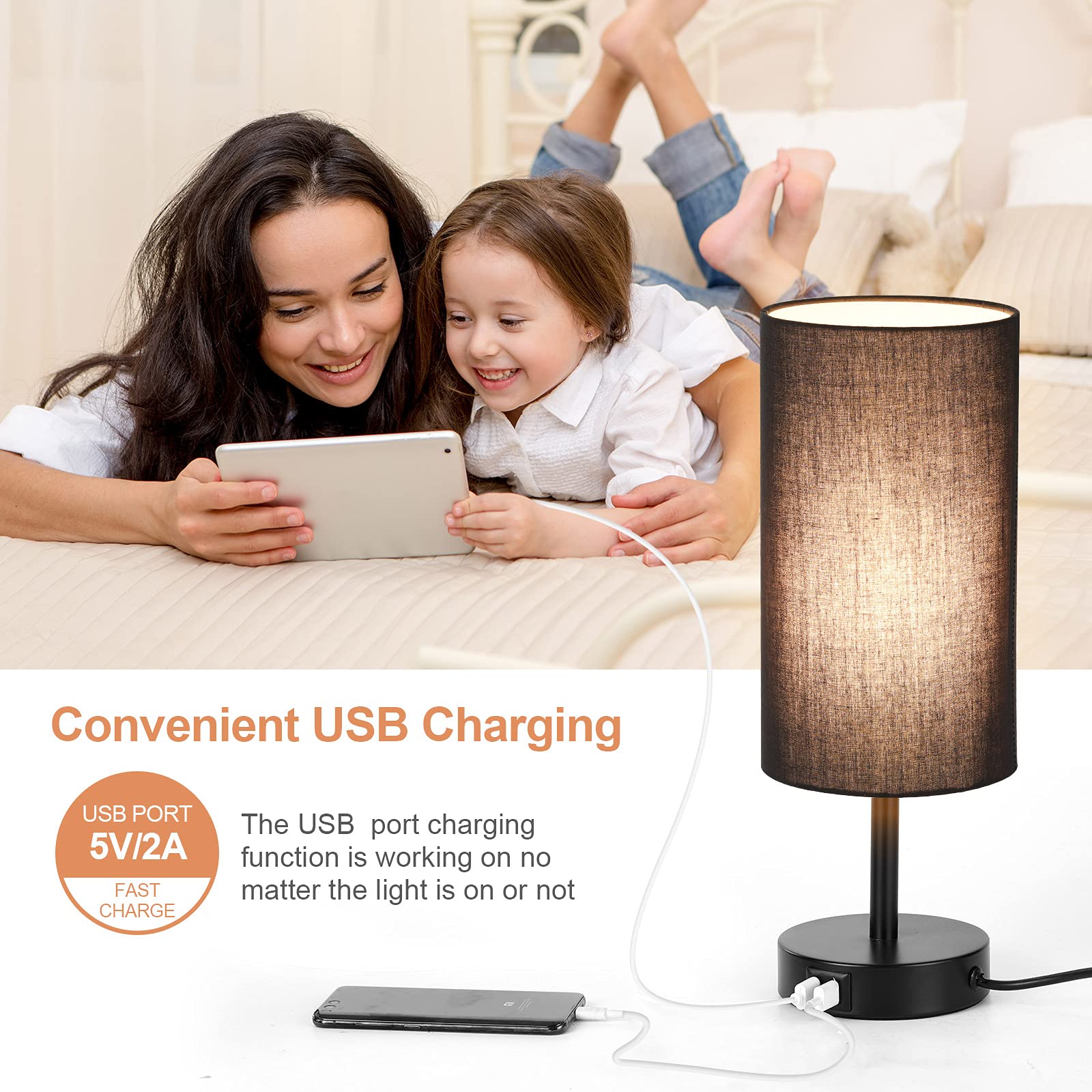 Yarra-Decor Touch Control Bedside Lamp with USB Port, 3 Way Dimmable, Black Linen Shade, LED Bulb Included