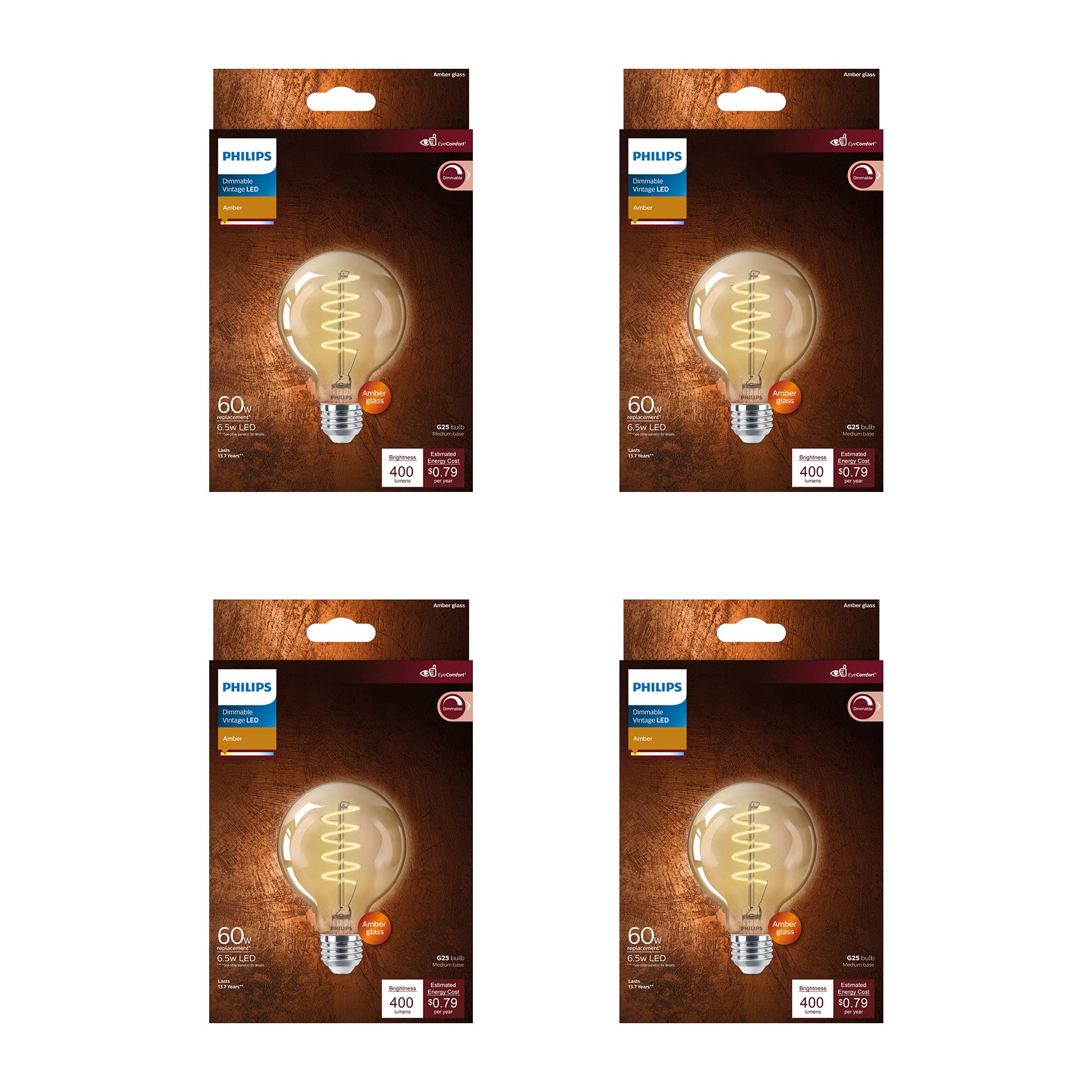 Philips LED Vintage Amber Spiral Bulbs, 6.5W=60W, 400 Lumen, Dimmable, 4-Pack, E26 Base, Model 565887
