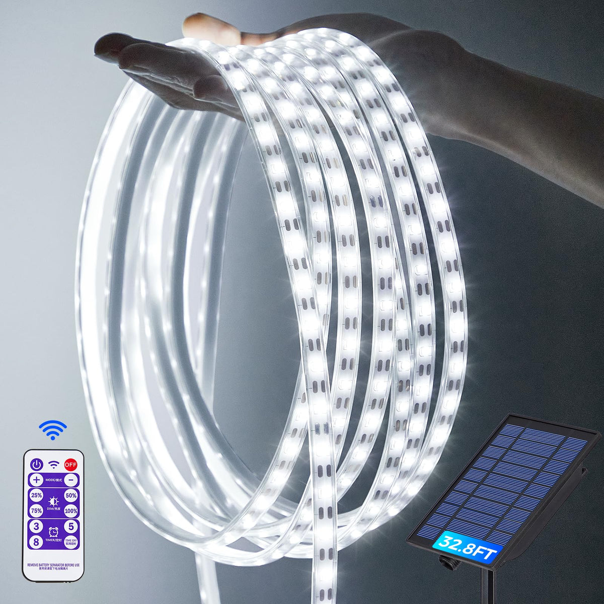 Lifengsoler 32.8Ft Led Strip Lights Outdoor, 600Leds Solar & Usb Powered Dimmable Led Strip Lights With Remote, Ip65Waterproof S