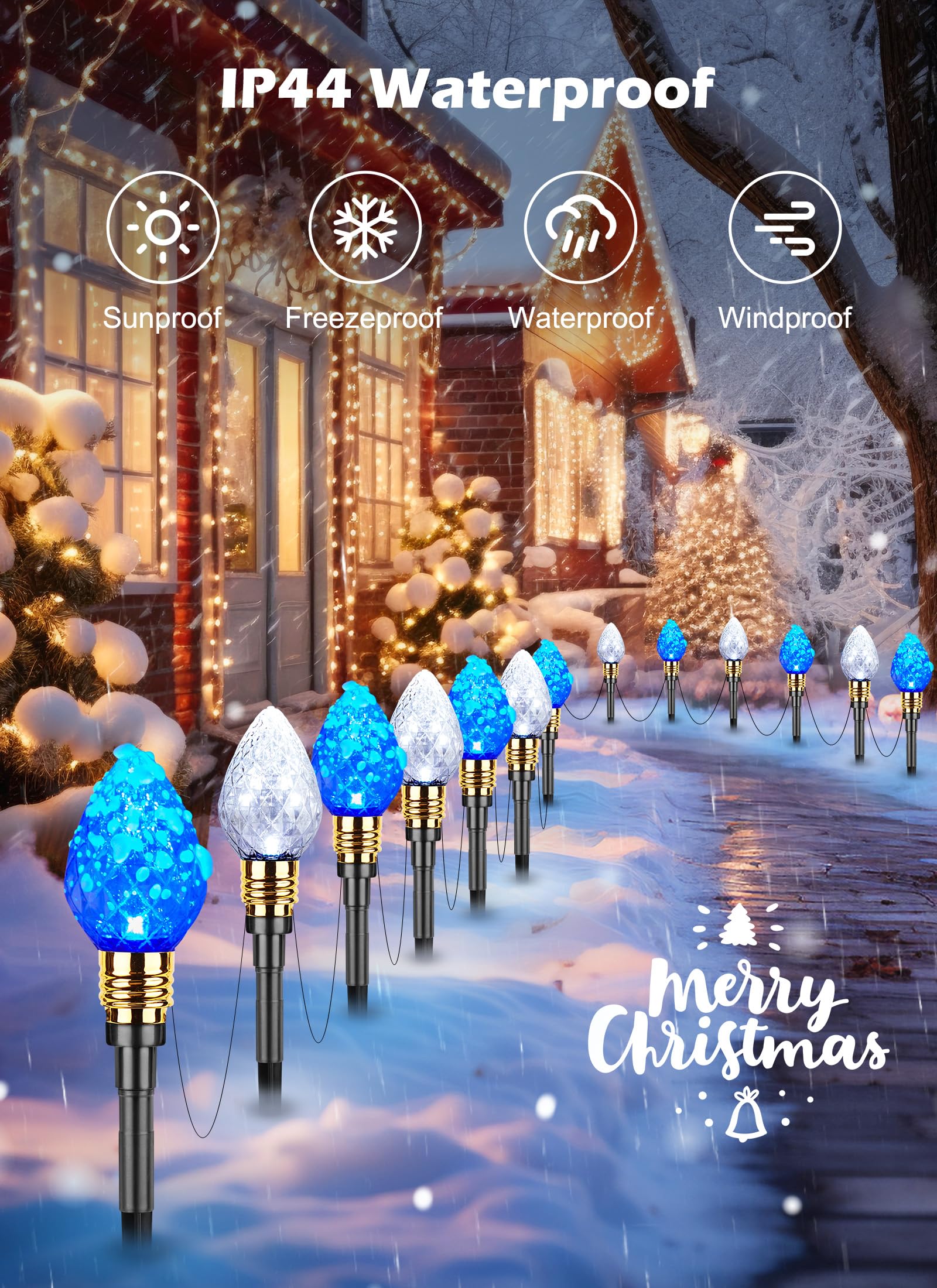 Brightown Christmas Pathway Lights - 2 Pack, 20 LED, 34.8 Feet, Blue & Pure White, GY-C-50.6-U-B1, Outdoor Yard Decorations