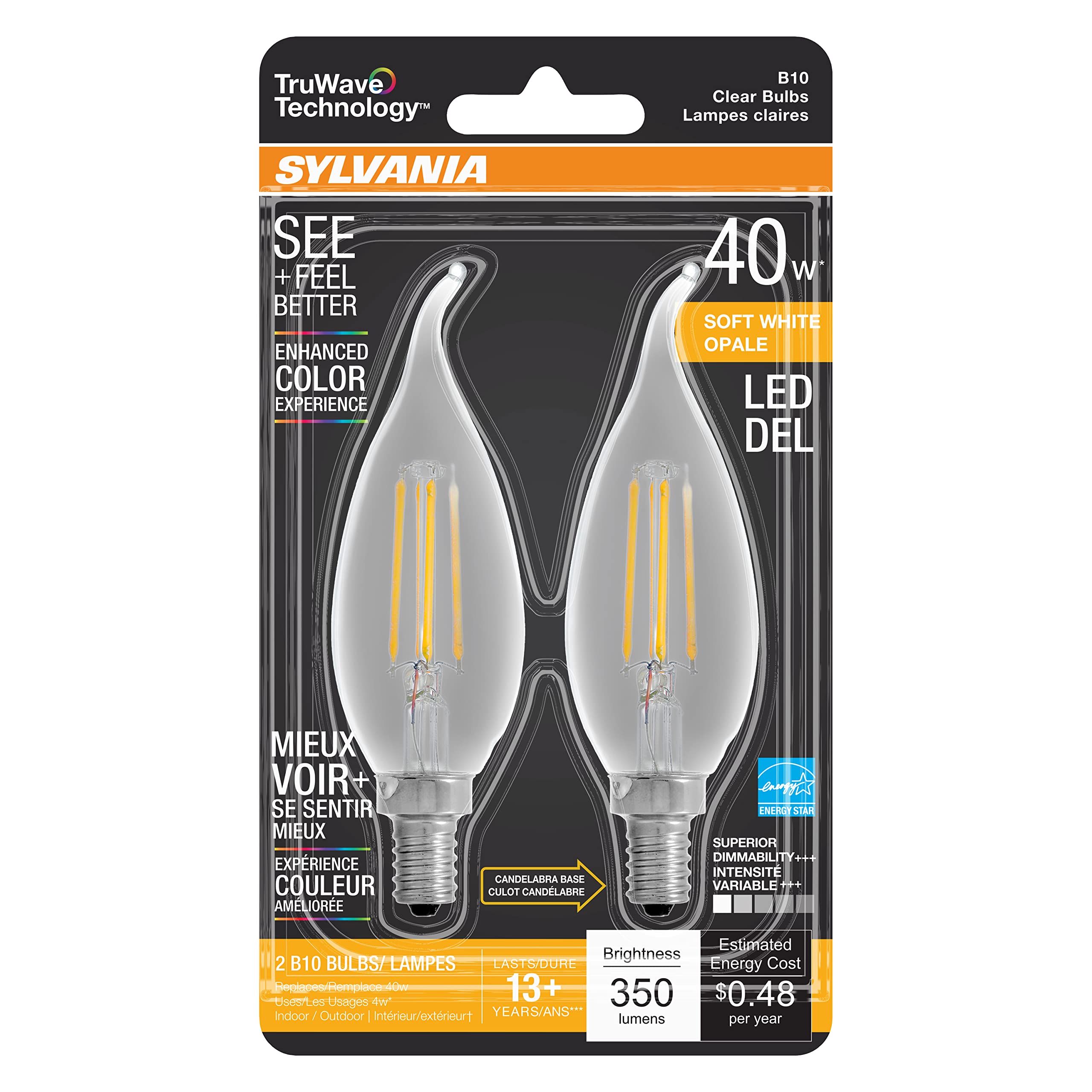 LEDVANCE SYLVANIA LED TruWave B10 Chandelier Bulb, 40W Equivalent, 4W, Dimmable, 350 Lumens, 2700K, Clear,