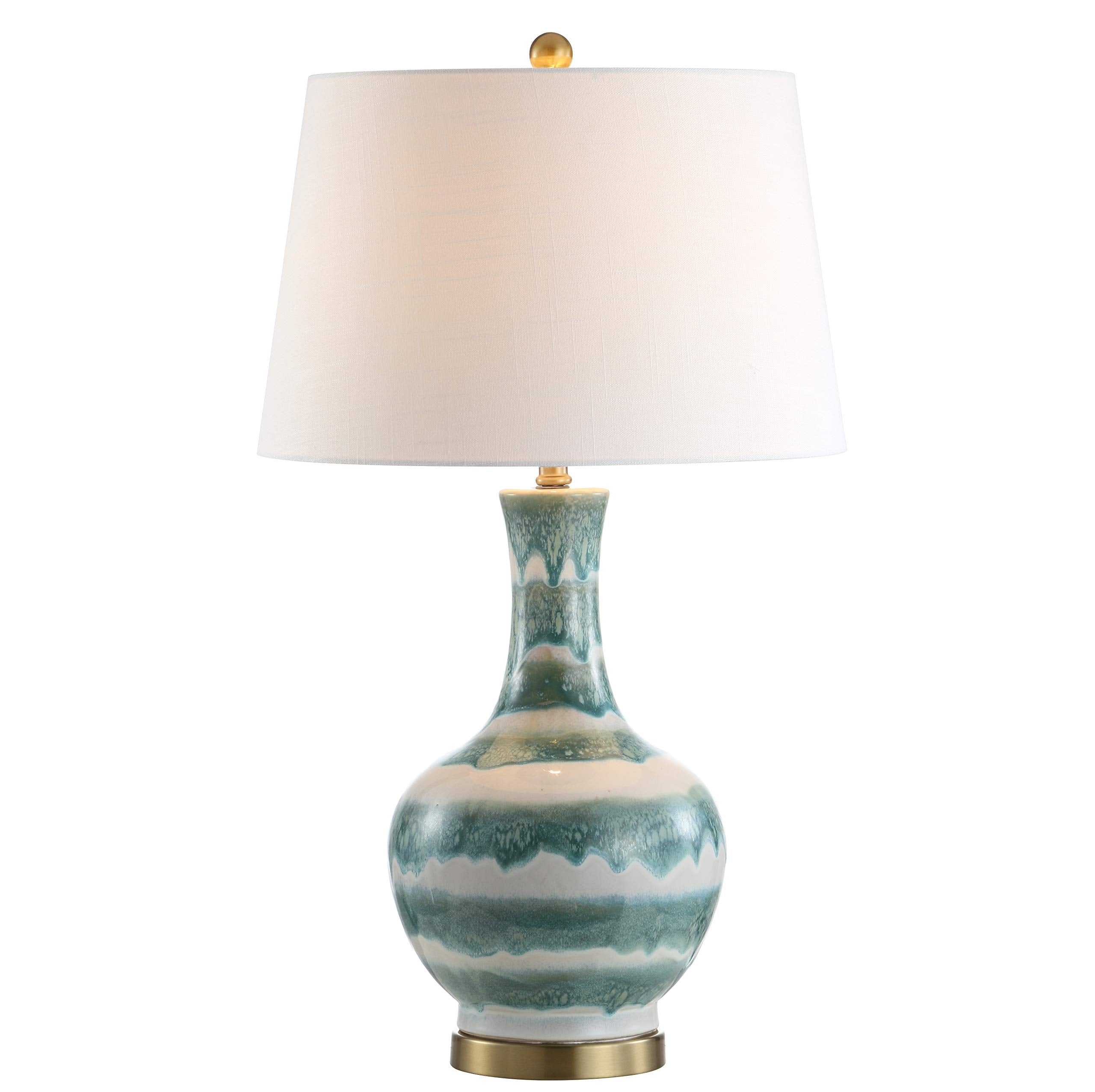 JONATHAN Y 30.5 Green/White Banded Ceramic Table Lamp for Bedroom Living Room  Modern Coastal Bedside Lamp with Gold Base and White Linen Shade  LED Bulb Included JYL3054A