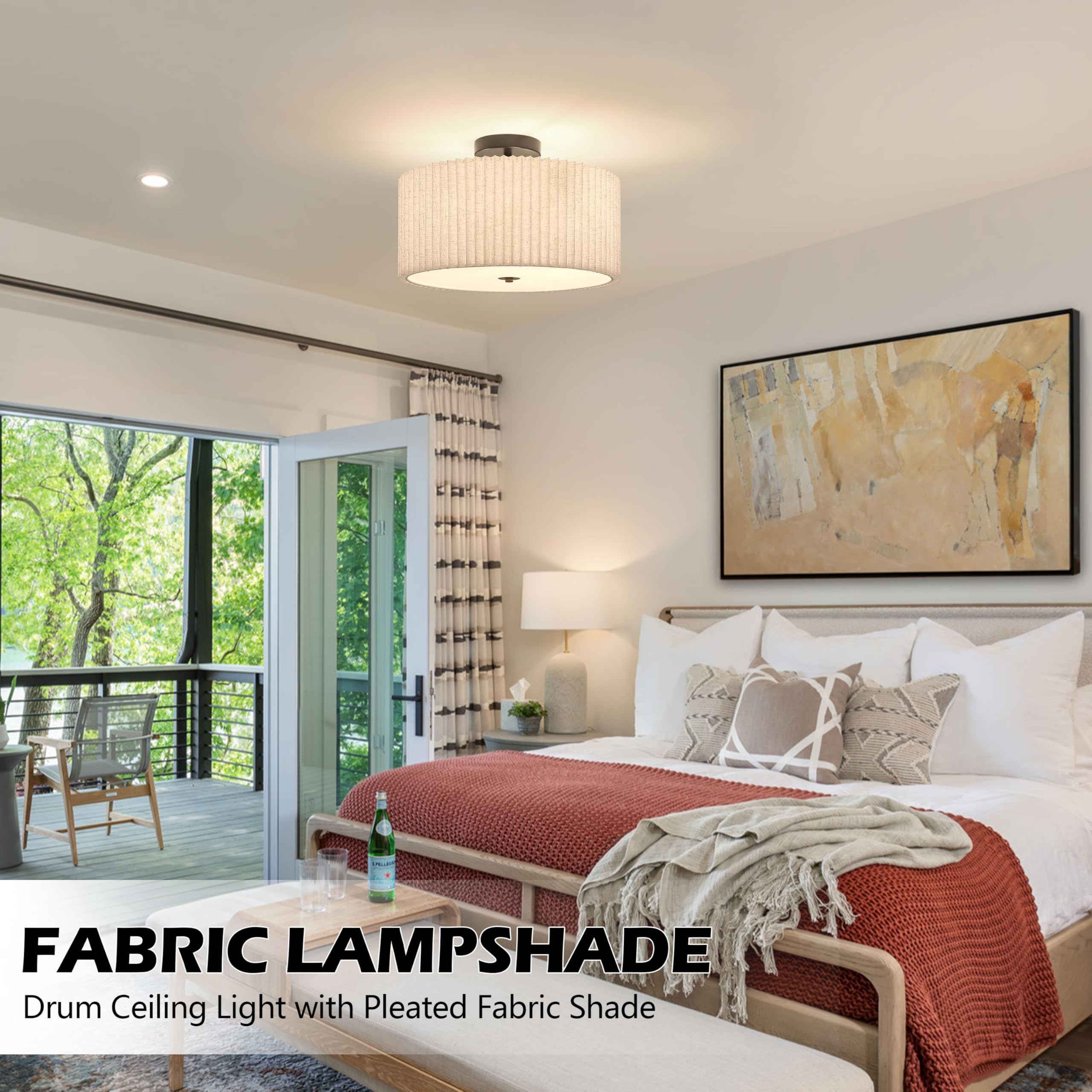 Bagood 3 Light Semi Flush Mount Ceiling Light Fixture 15.7 Inch Drum Light Fixture Drum Ceiling Light With Pleated Fabric Shade