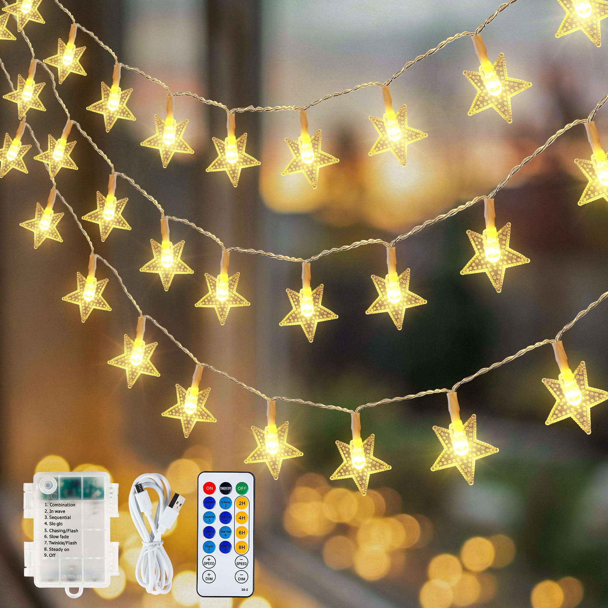 HEYFUNi Star String Lights with Remote, 16ft 50 LED Cute Fairy Lights USB & Battery Operated, 8 Modes & Timer, Waterproof Hangin