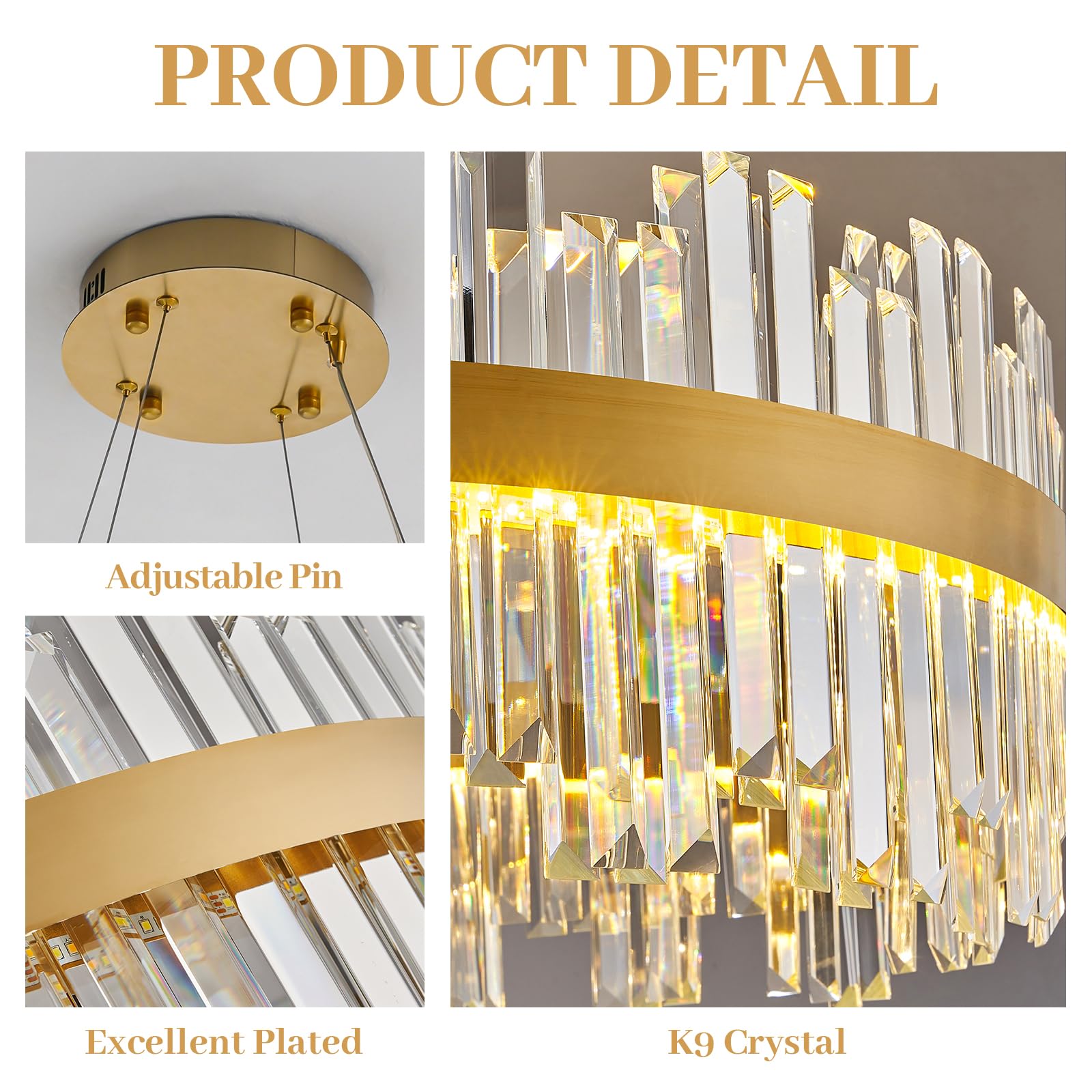 ALIYIQI 23.6" Dimmable LED Crystal Chandelier, Gold Pendant Light with Remote, Modern Fixture for Dining Room, Kitchen, Entryway
