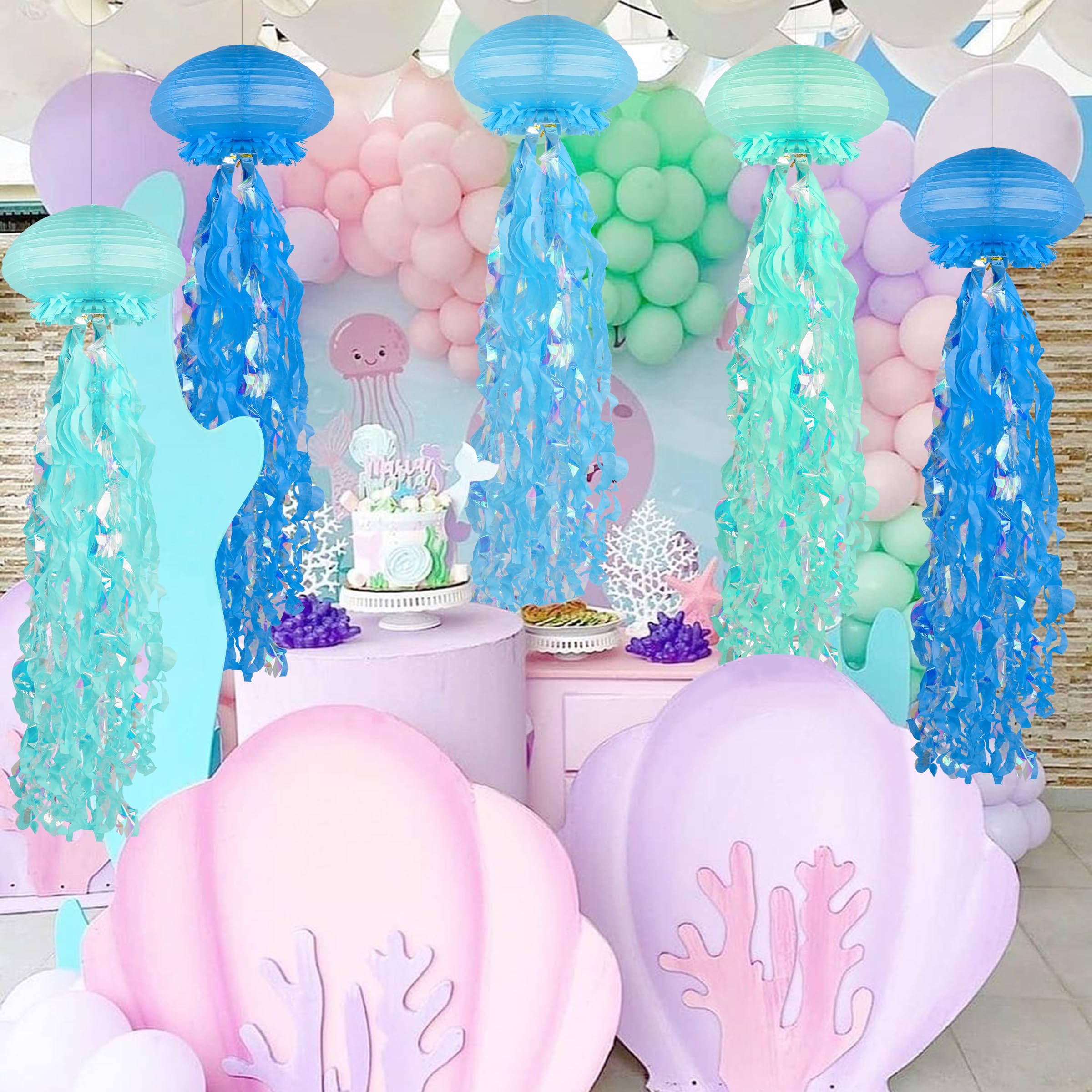 Bisanzoya 8 pcs Jellyfish Paper Lanterns, Metal, Dark Blue + Light Blue + Tiffany Blue, Hanging Decorations for Ocean Birthday Party