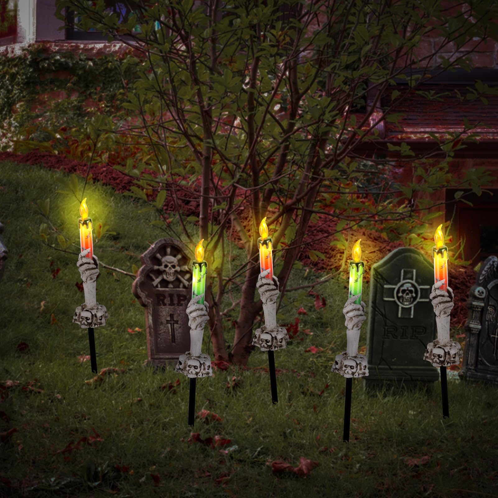 BRIGHTDECK Lighted Skeleton Hands Candle Lamp - 5 Pack, Warm White, Solar Waterproof Yard Stakes for Halloween Decorations