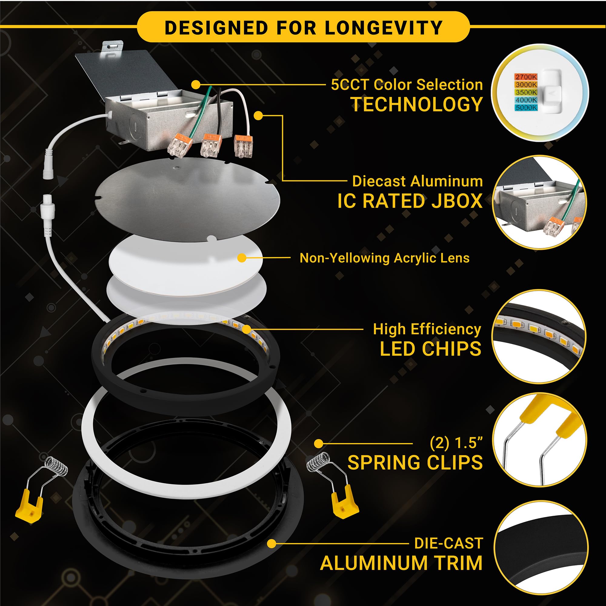 Nuwatt 6 Inch Black Gimbal Led Recessed Lighting Canless Wafer Lights, 5Cct 2700K/3000K/3500K/4000K/5000K, Dimmable, 1050Lm, 12W