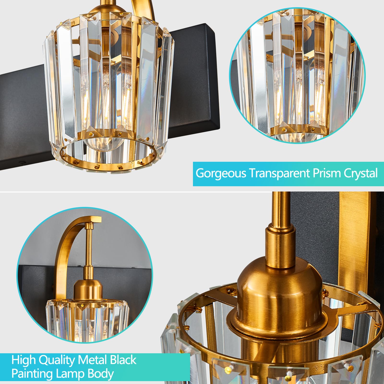 Fdpby Modern Bathroom Vanity Light  2-Light Black Gold Wall Sconce With Crystal Accents  Over Mirror Bathroom Lighting Fixture  13.77 Long Dimmable Vanity Lamp For Makeup  Easy Installation