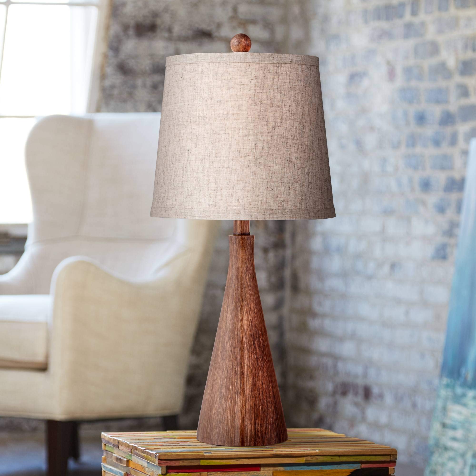 360 Lighting Accent Table Lamp, 23.5in High, Brown Faux Wood, Oatmeal Drum Shade, Model 8P713