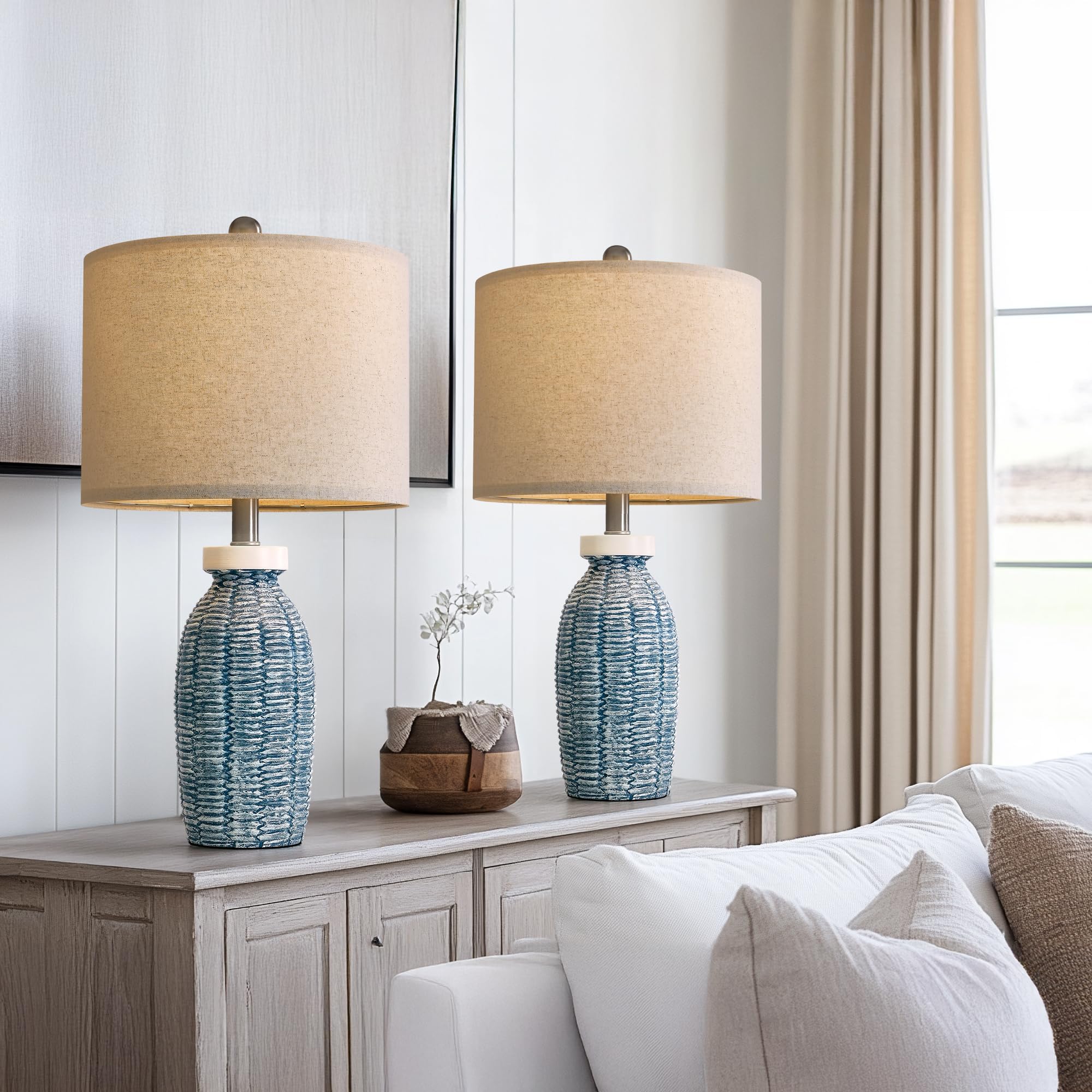 G-SAFAVA Table Lamps Set of 2, 22.75" Rustic Vintage Boho Design, Blue for Bedroom & Living Room Decor