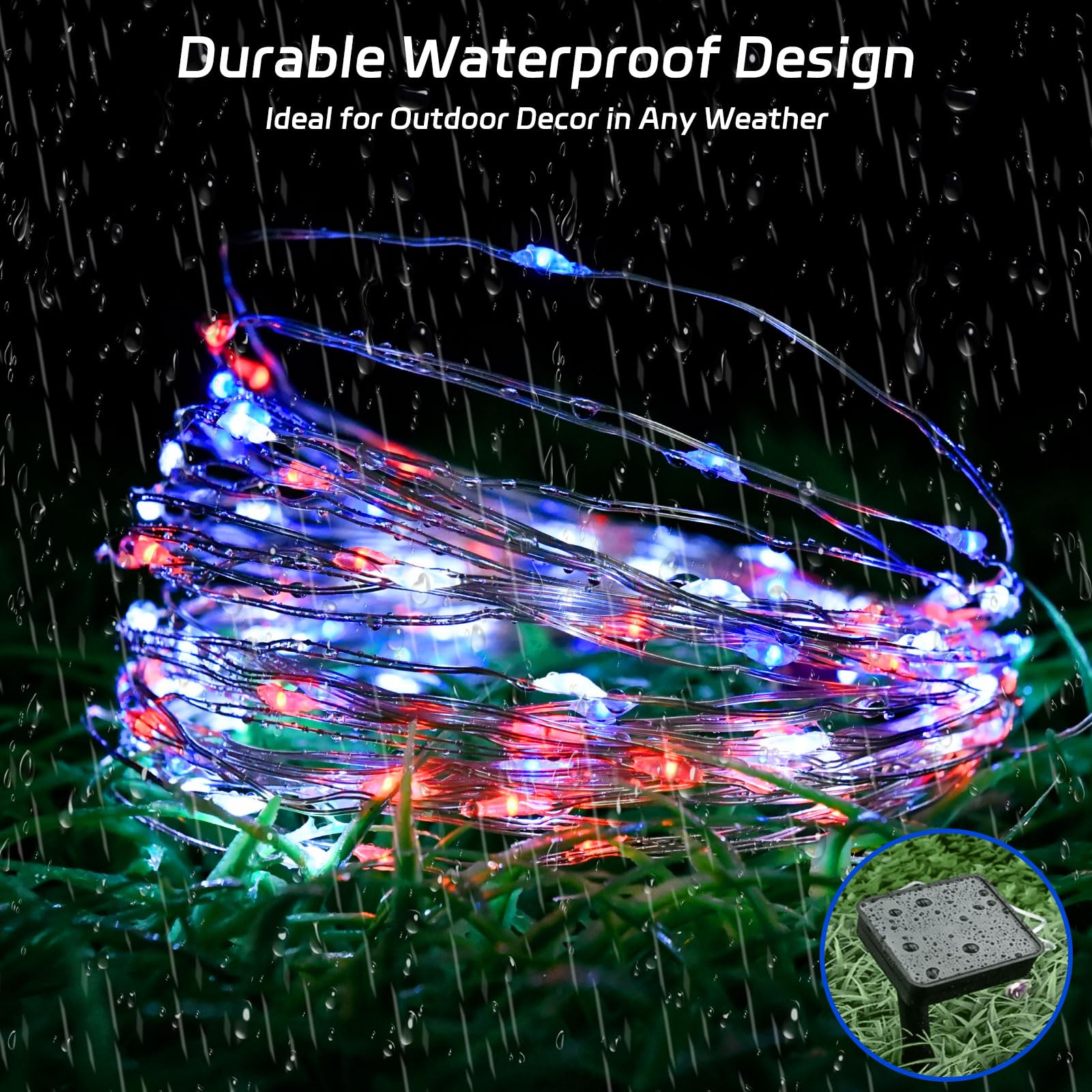 cshare Solar Fairy Lights, 39.4ft 120LED Waterproof, Red White Blue, 8 Modes, Model CS-SL-5M for Memorial Day Decorations
