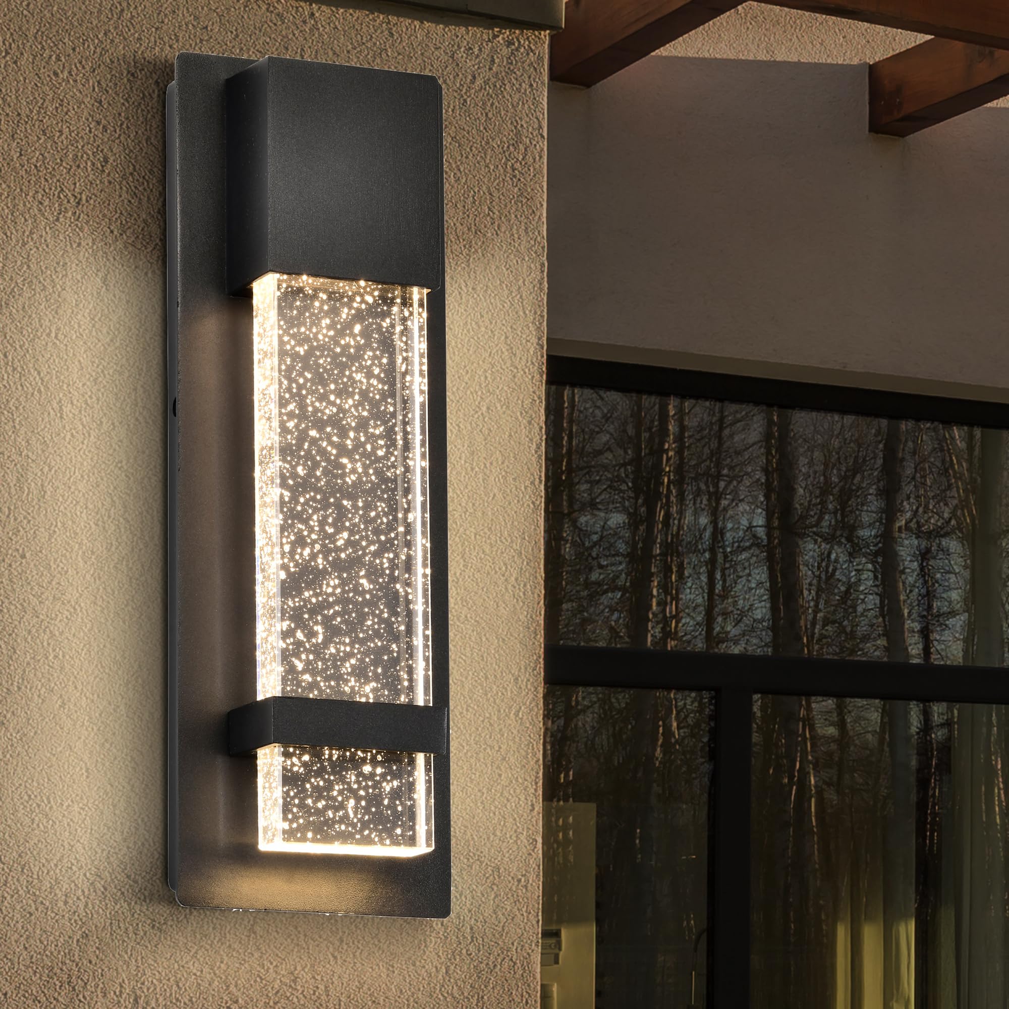13.78'' Outdoor Light Fixtures Wall Mount LED Warm Light Modern Wall Light with Crystal Bubble Glass Black Aluminum Waterproof E