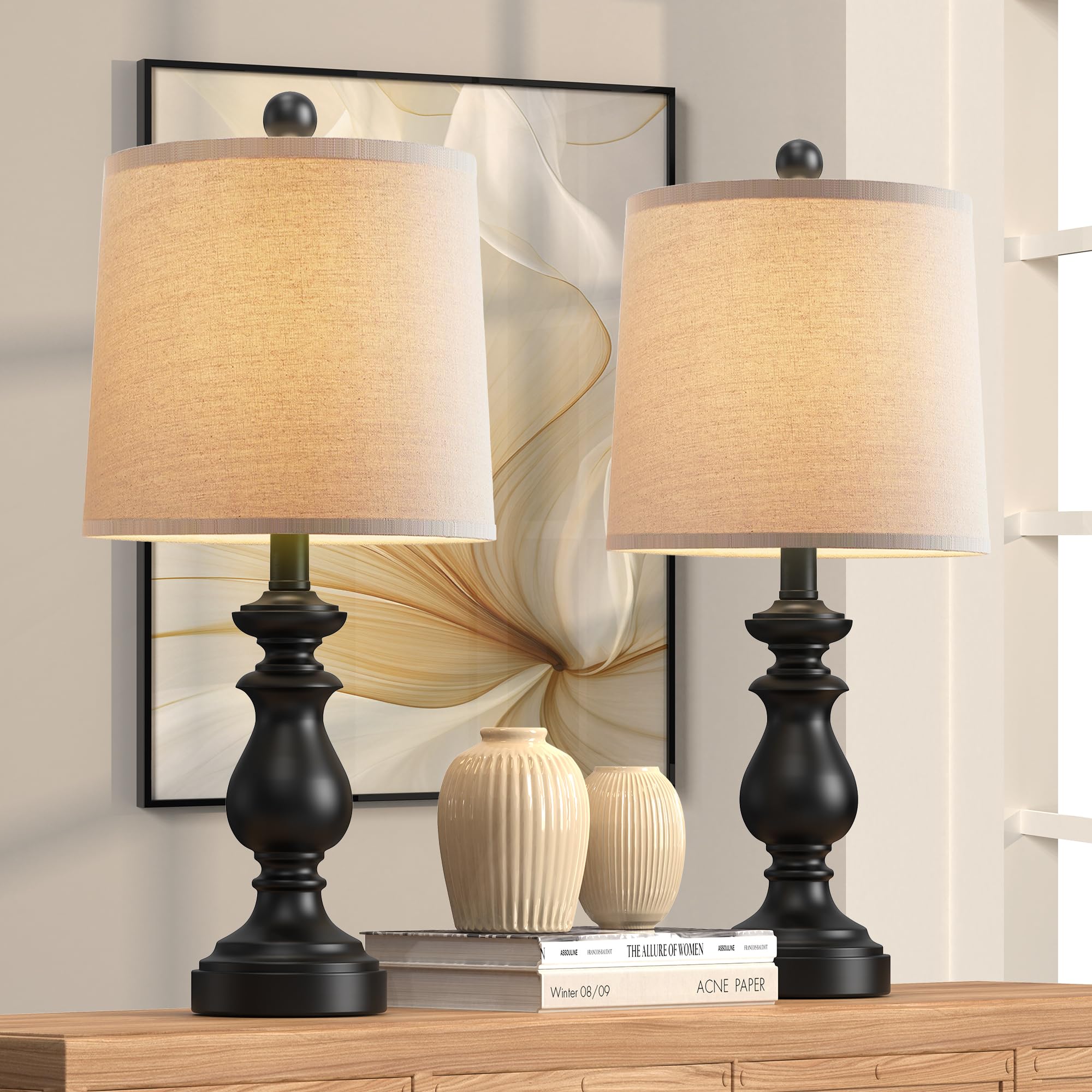 PARTPHONER Traditional Table Lamp Set of 2, 22in Rustic Black Resin Lamps with Linen Shades