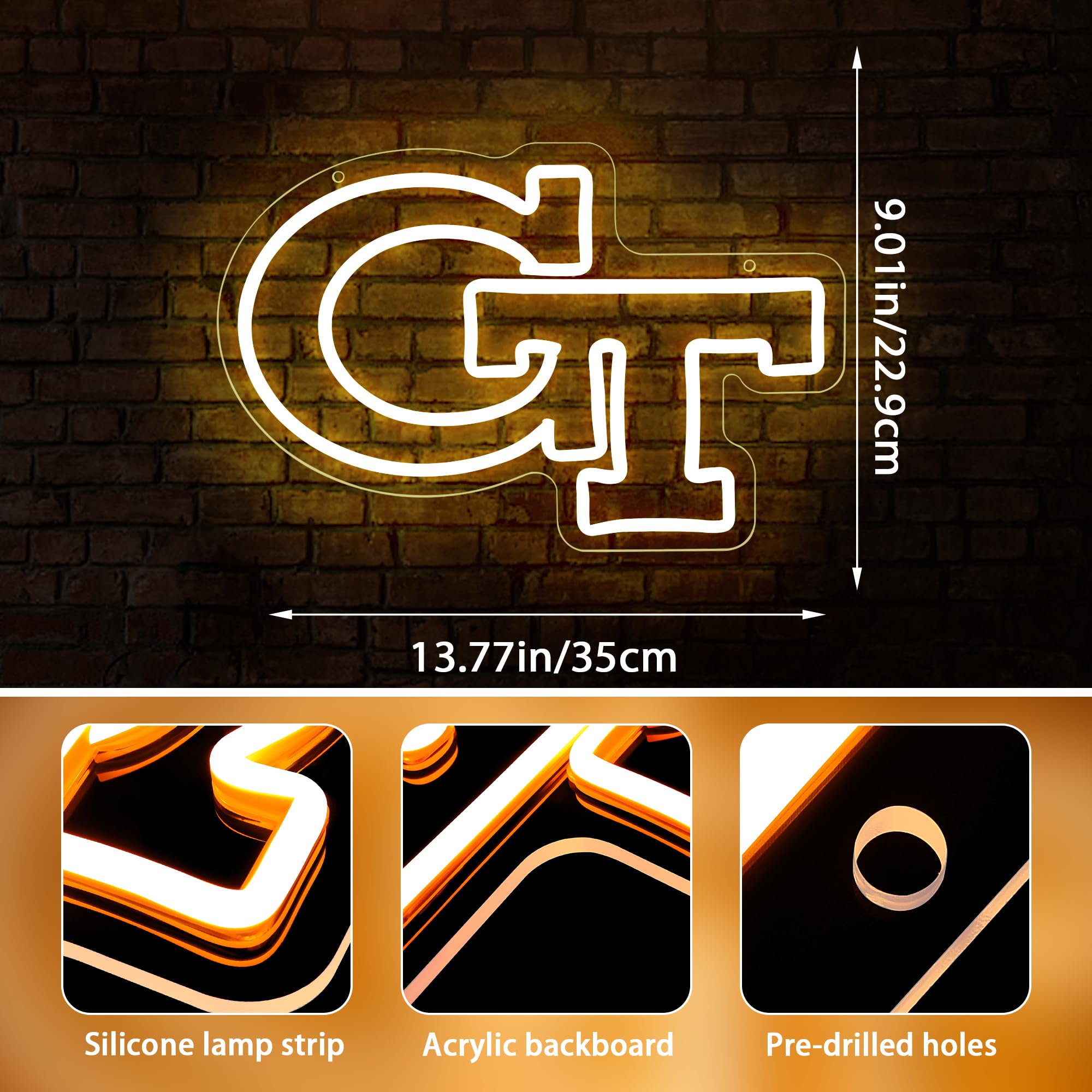 LALAON University Neon Sign LED Wall Decor - College Team Logo, 13.87*9.02in, Orange GT, Model ZKXD10010