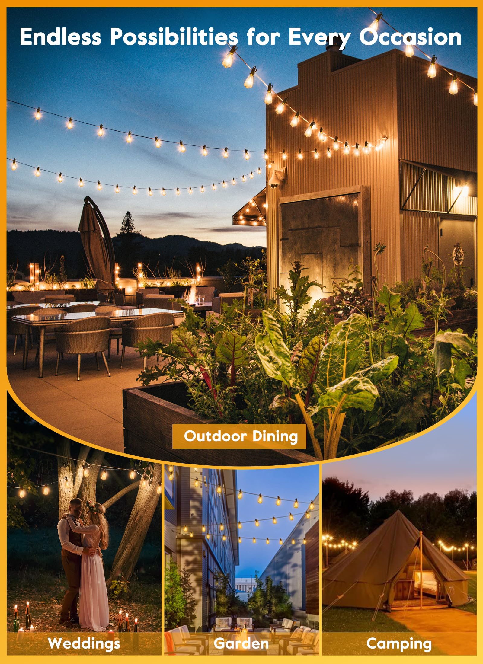 Brightown Solar String Lights - 38FT Outdoor LED Lights with Remote, 16 Shatterproof Bulbs, 3 Light Modes, Waterproof for Patio Decor