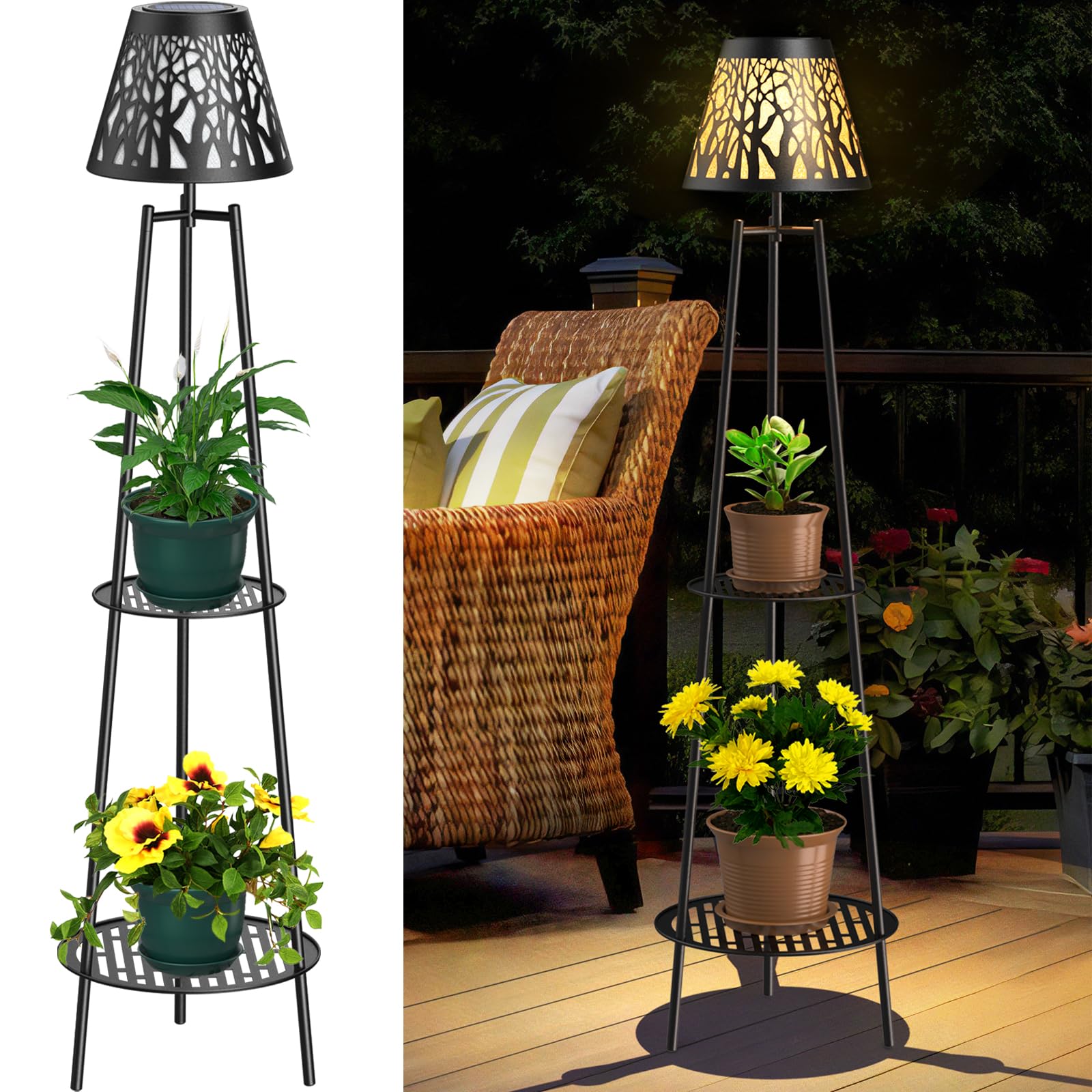 VISFLAIR Solar Powered Outdoor Floor Lamps, 2 Pack, Metal, 45.5in H, Waterproof, with 2 Tier Plant Stand, Model VF-005A