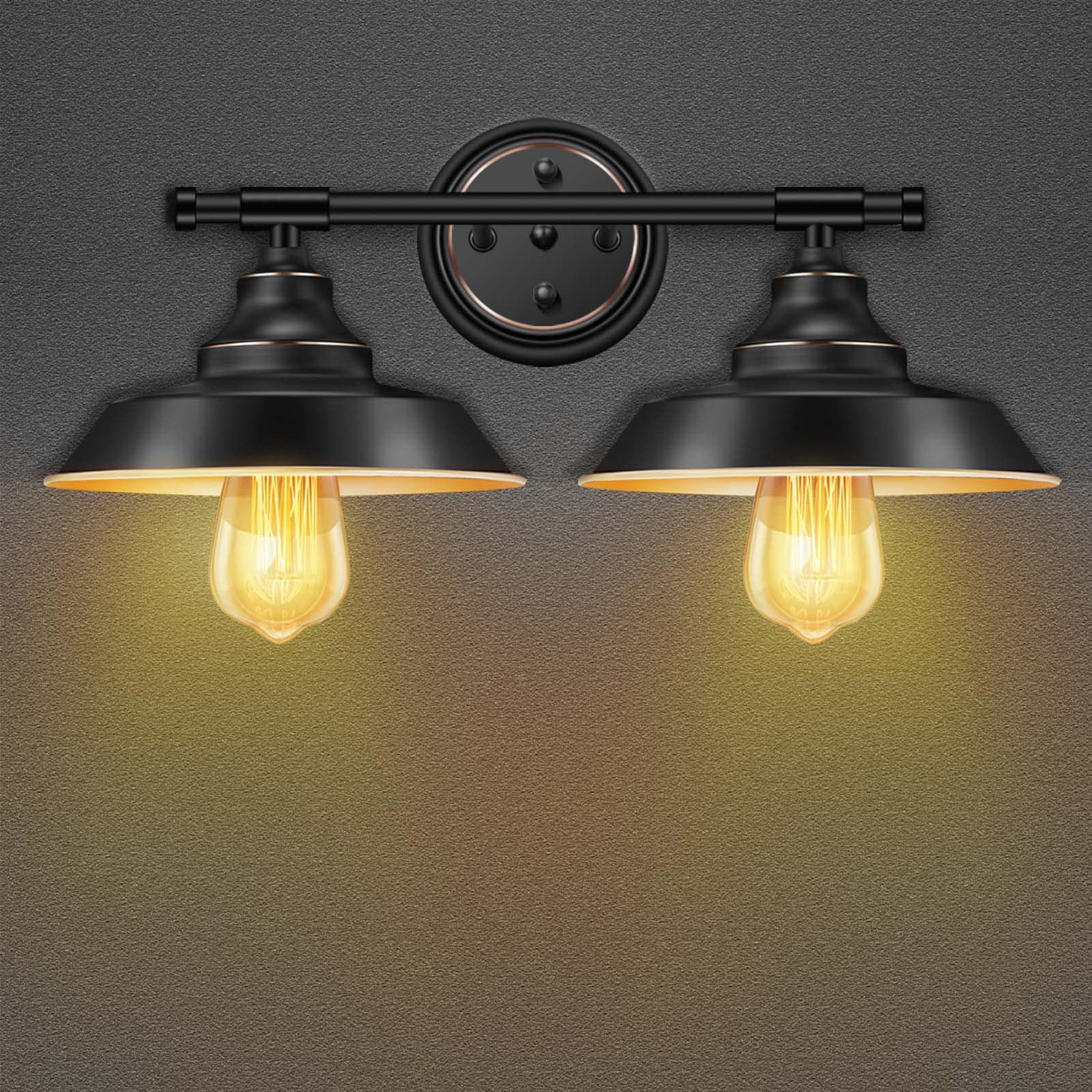 Elibbren Vintage 2-Light Wall Sconce, Matte Black Metal Bath Fixture, 2 Pack