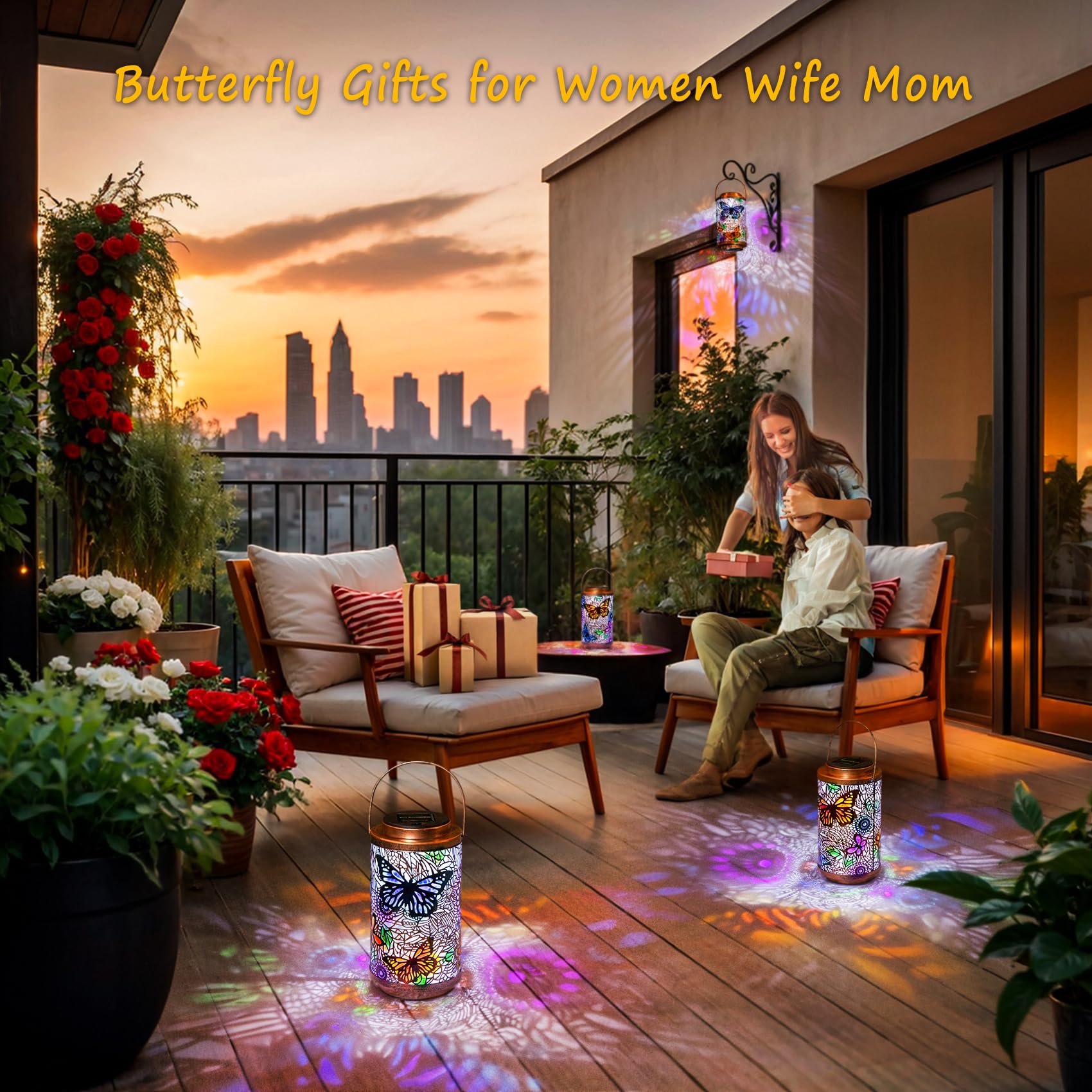 2Pack Outdoor Solar Lanterns Waterproof Butterfly Garden Gifts For Women, Multicolor Solar Outside Lights Metal Patio Lantern Fo