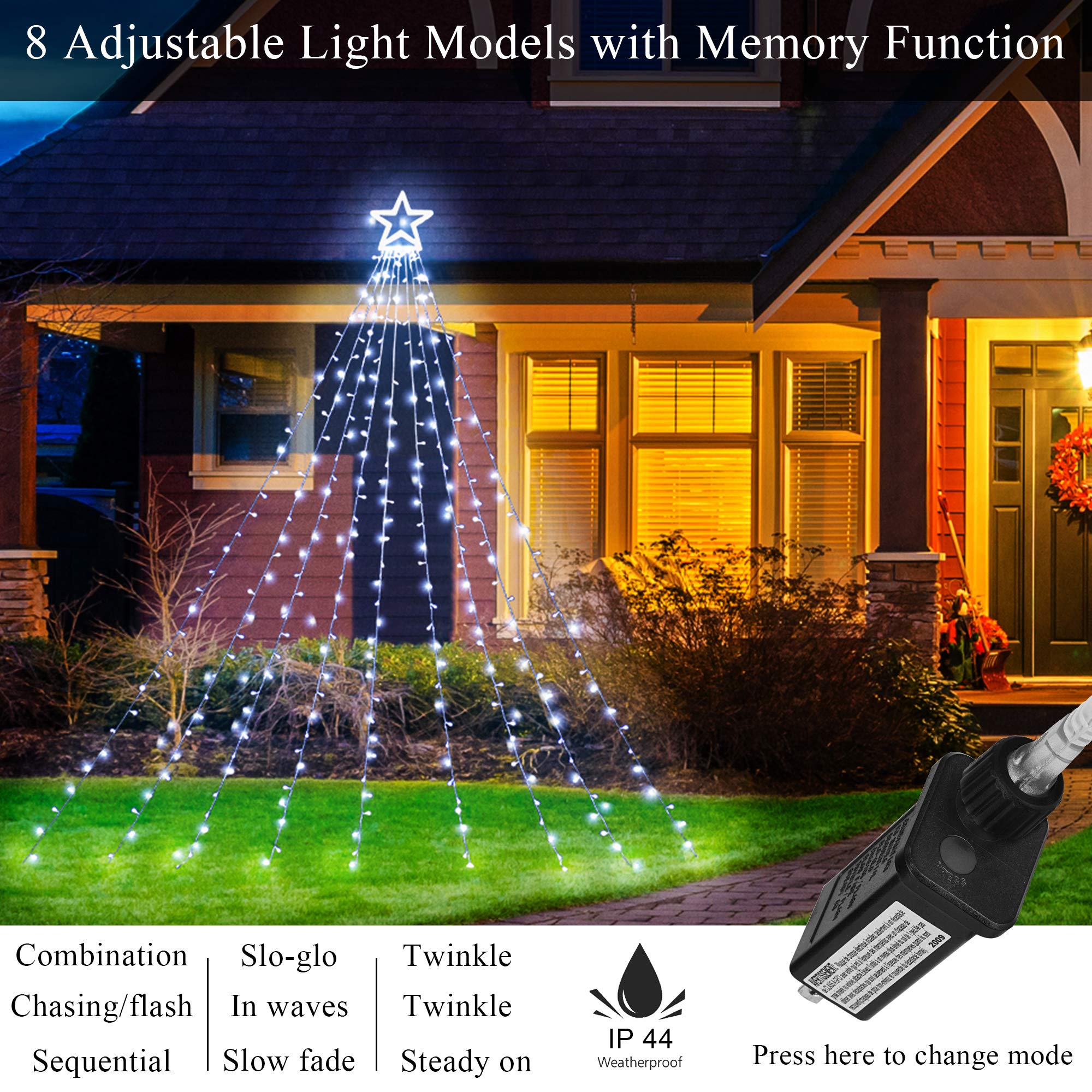 (2023 New)Outdoor Christmas Decoration Star String Lights,320 Led 16.4Ft Christmas Lights Waterfall Tree Lights With 13" Topper Star,Plug-In Hanging Fairy Lights For Xmas New Year Holiday Party