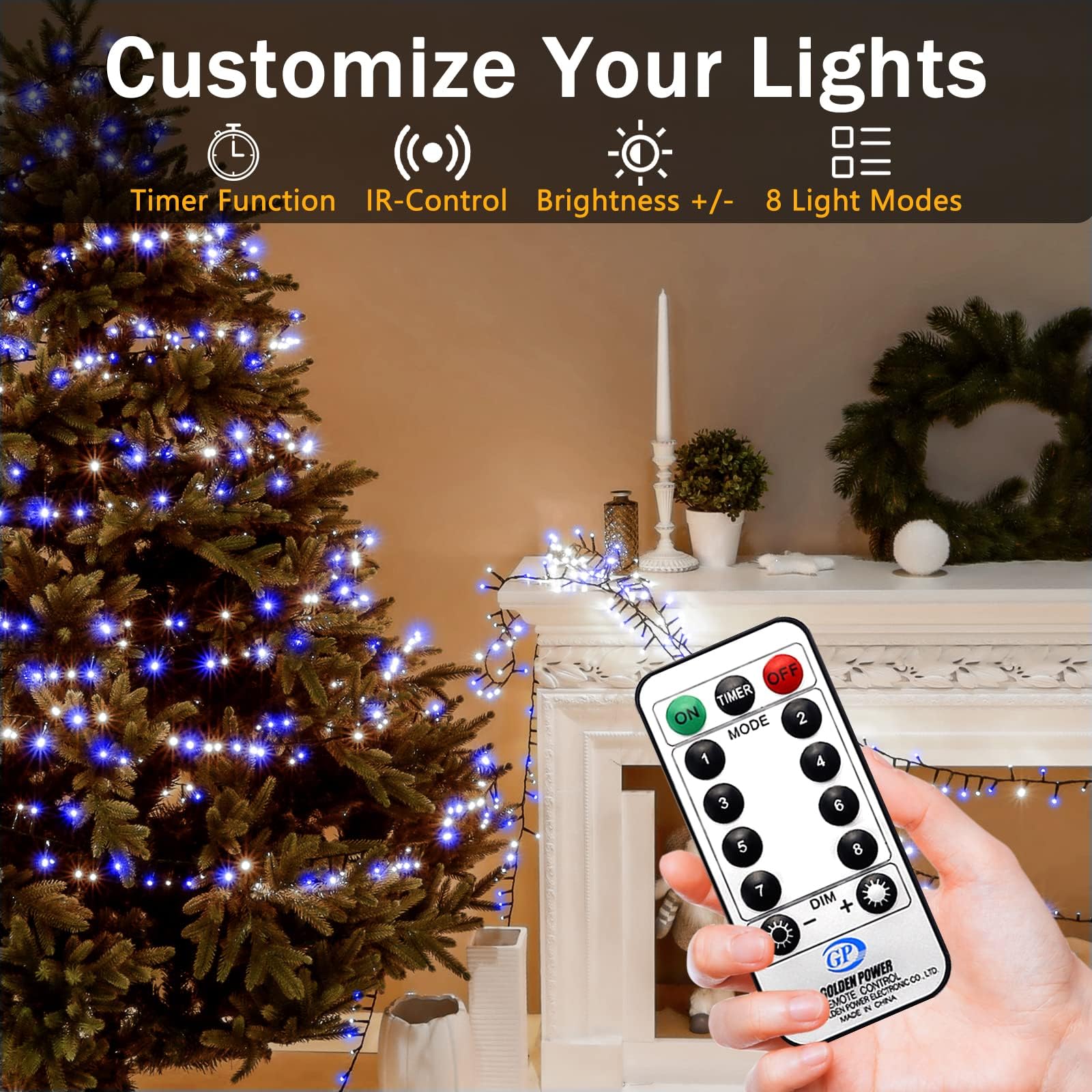 XURISEN 1000 LED Christmas Lights, 403FT Twinkle Fairy Lights, Blue+White, Green Wire, 8 Modes, Memory Timer