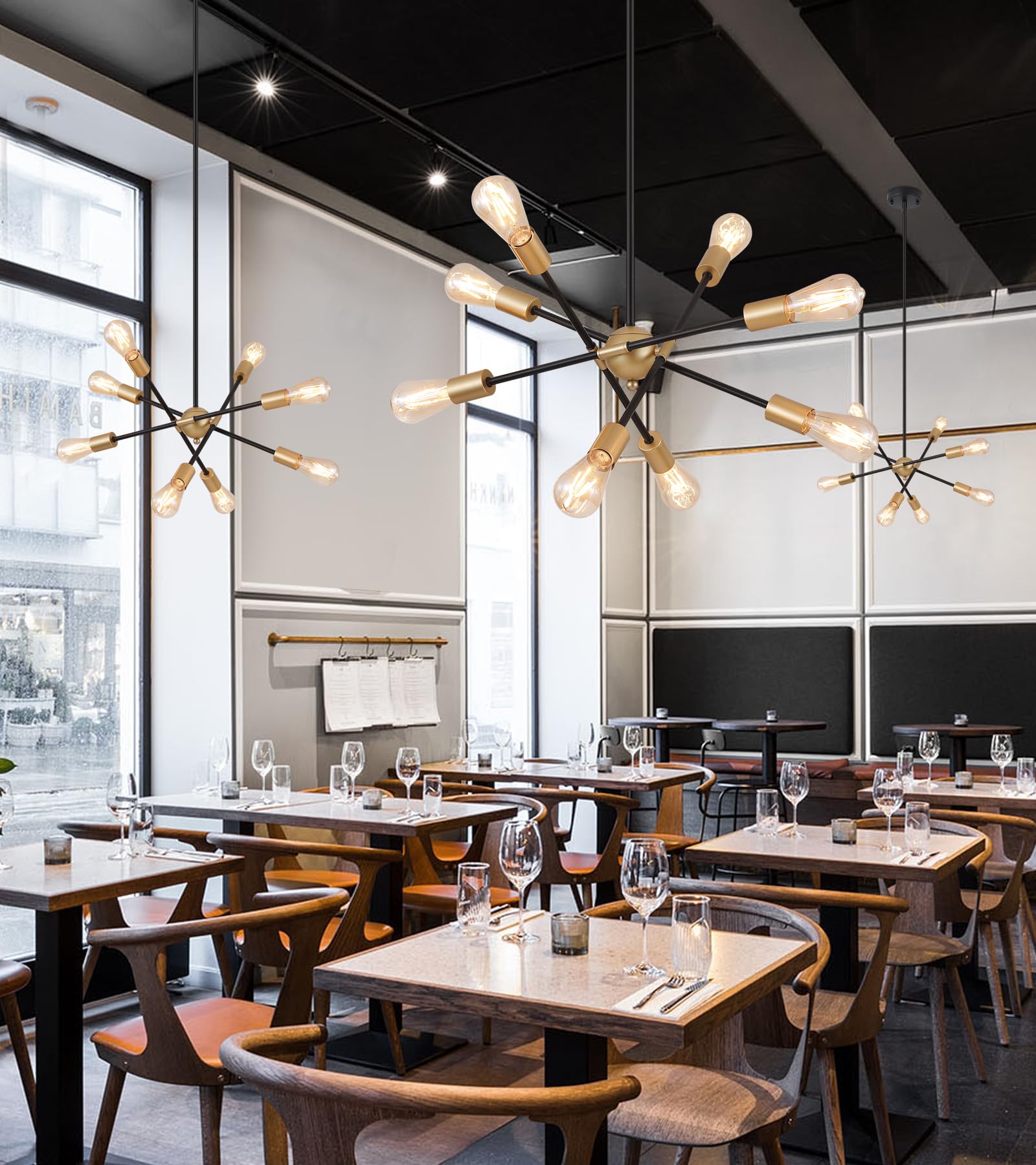 MEIXISUE Modern Sputnik Chandelier, 8 Lights, Rectangle, Black and Gold, UL Listed, Model MX-P2130-8GD for Dining Room, Kitchen, Living Room