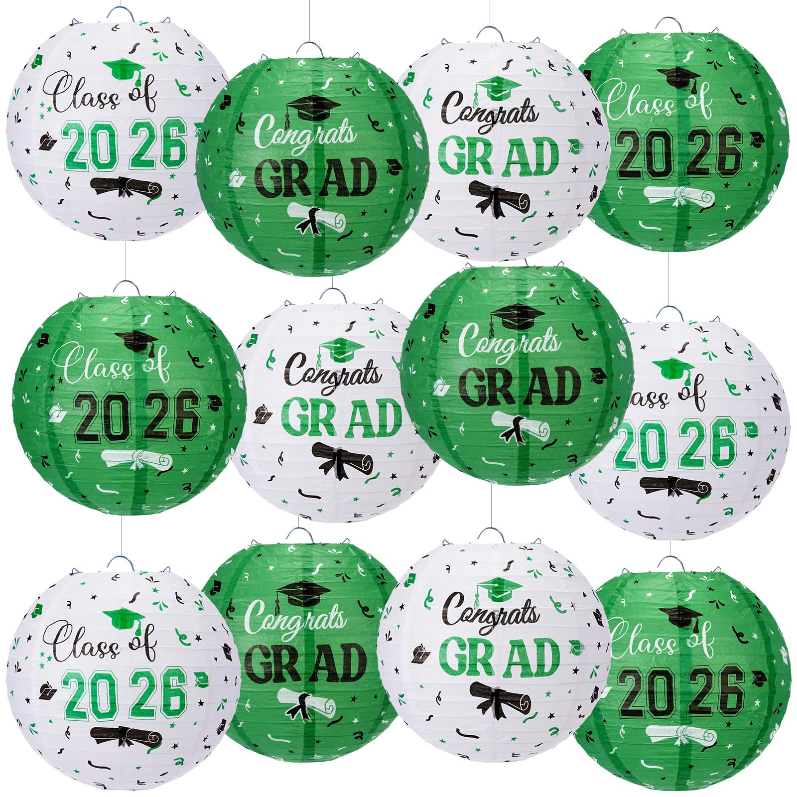 Huquary 12 Pcs Green White Graduation Paper Lanterns Party Decorations Class of 2026 Round Lanterns 10 Inch Hanging Paper Decors