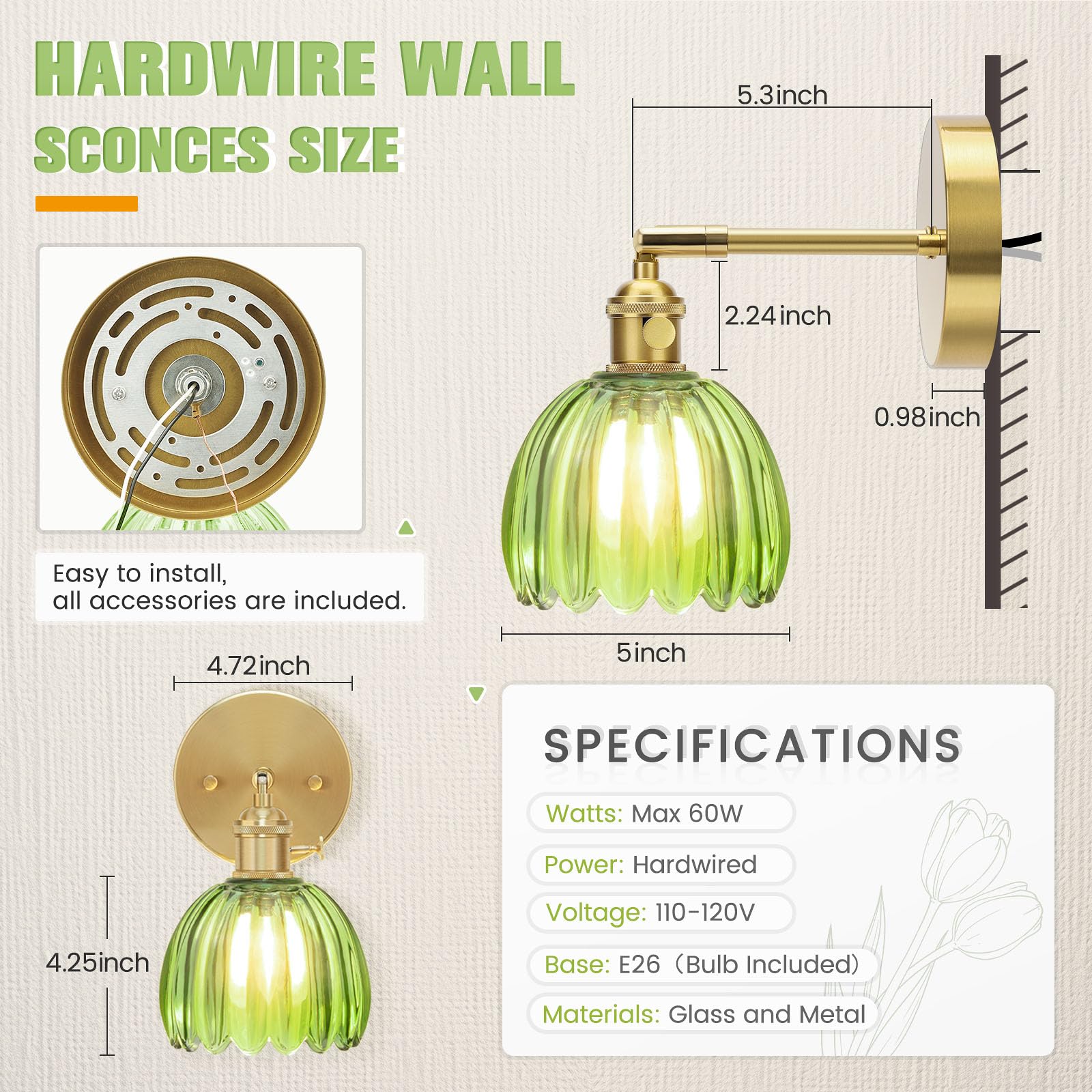 NIORSUN Wall Sconce Set of 2, Green Glass, 180° Adjustable, Hardwired, Vintage Style with 3000K Edison Bulbs, Model 16256LGTF