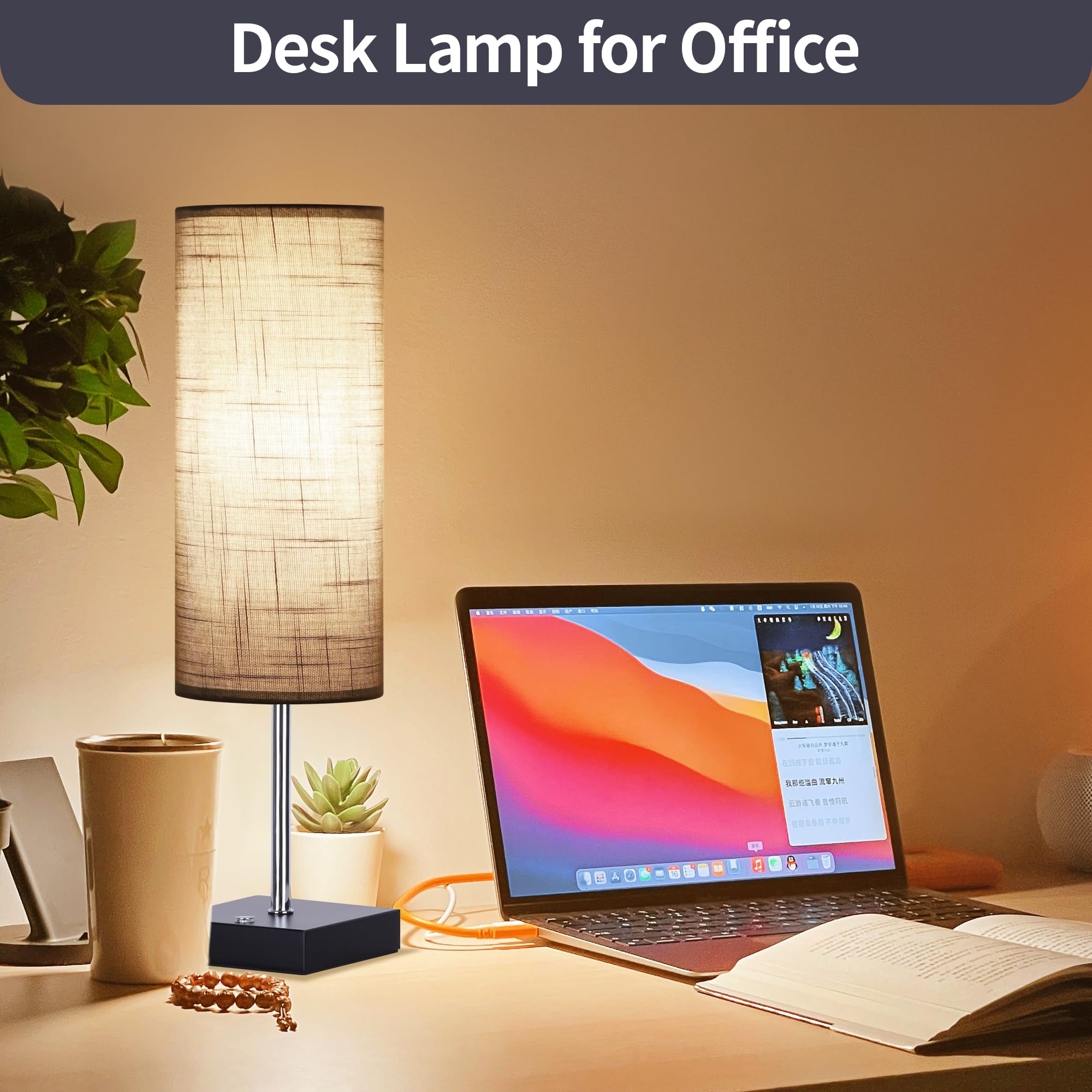 PLMMY 18-Inch Cordless Table Lamp, Rechargeable Touch Control, Dimmable, Gray Linen Fabric Shade, Battery Operated for Home and Office
