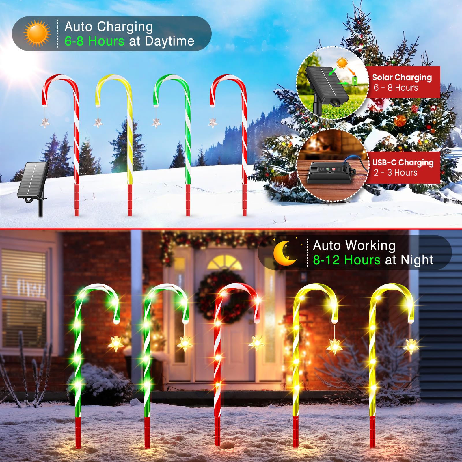 2025 Upgraded Christmas Decorations Outdoor Solar Candy Cane Lights  10 Modes Waterproof Solar Christmas Pathway Lights With Usb Charge  28 Ft 72 Leds Outdoor Xmas Decor For Yard Lawn Porch Holiday