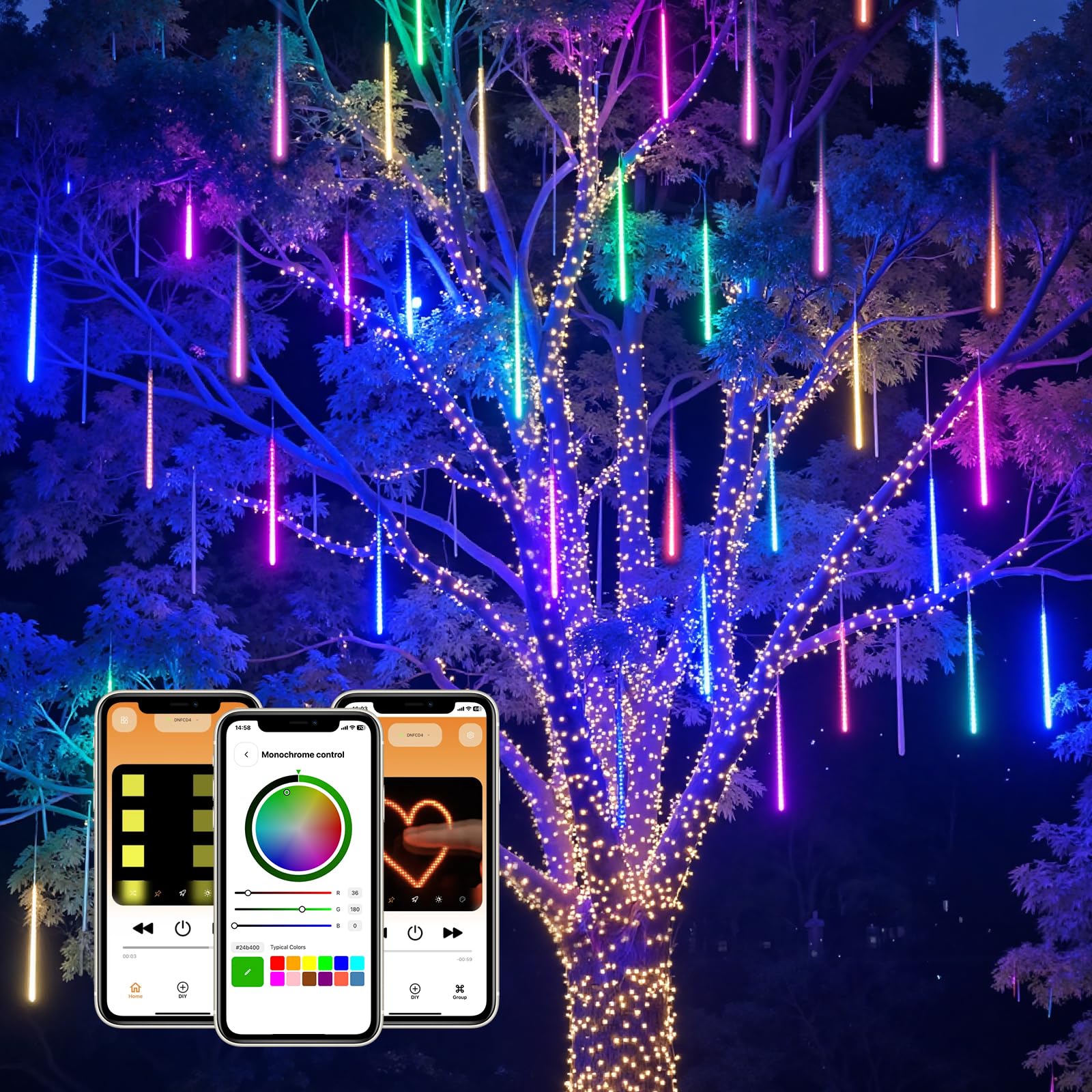 Smartdawn Smart Meteor Shower Rain Lights  24Tube 384Led 37.7Ft Color Changing Icicle Christmas Lights Outdoor Outside  App Controlled Rgb Customize Display Diy Dynamic Lighting Effect