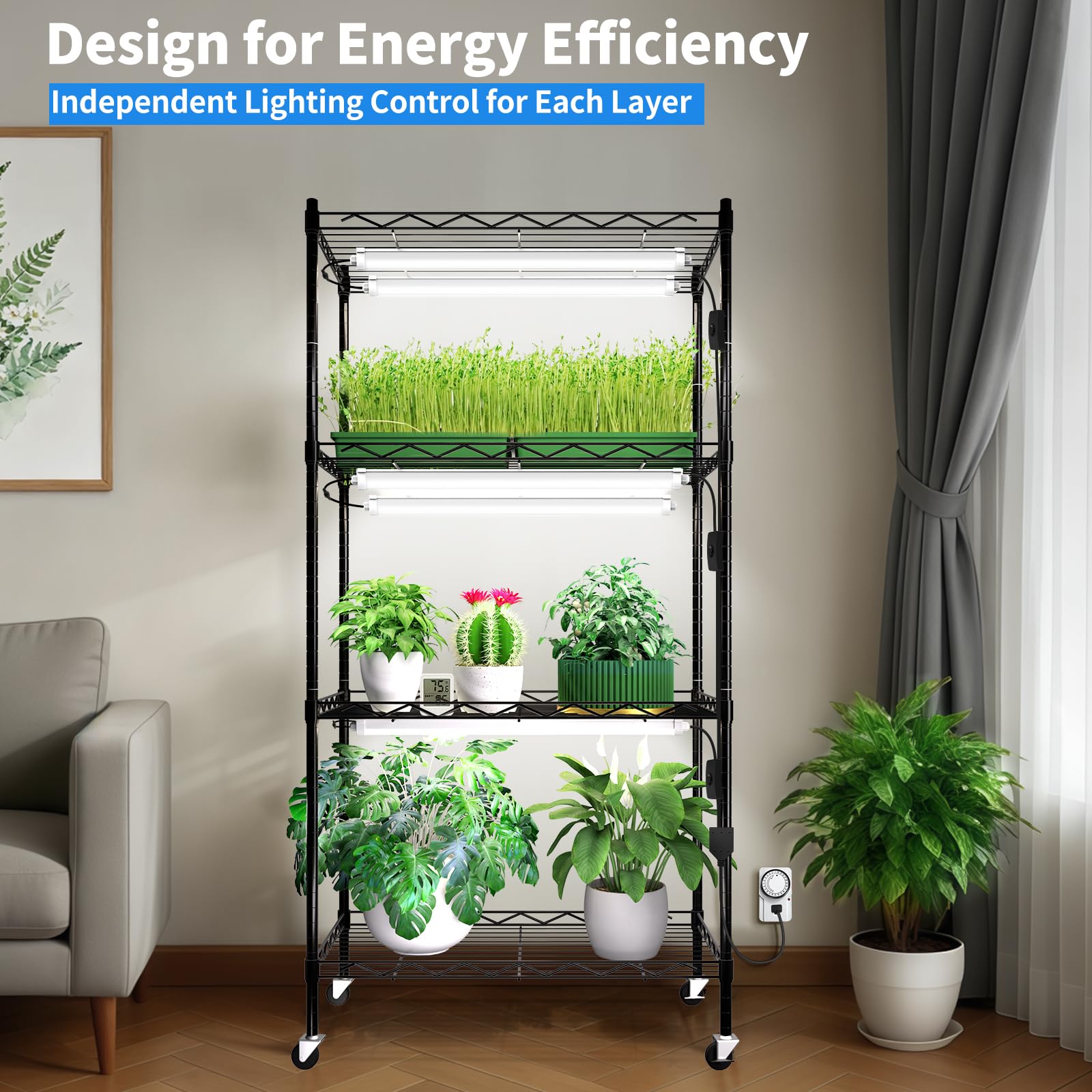 JESLED Indoor Greenhouse with Grow Light, 5000K LED, 23.6x13.8x59in, Black, Model JD0519BB, Built-in Timer & Therm