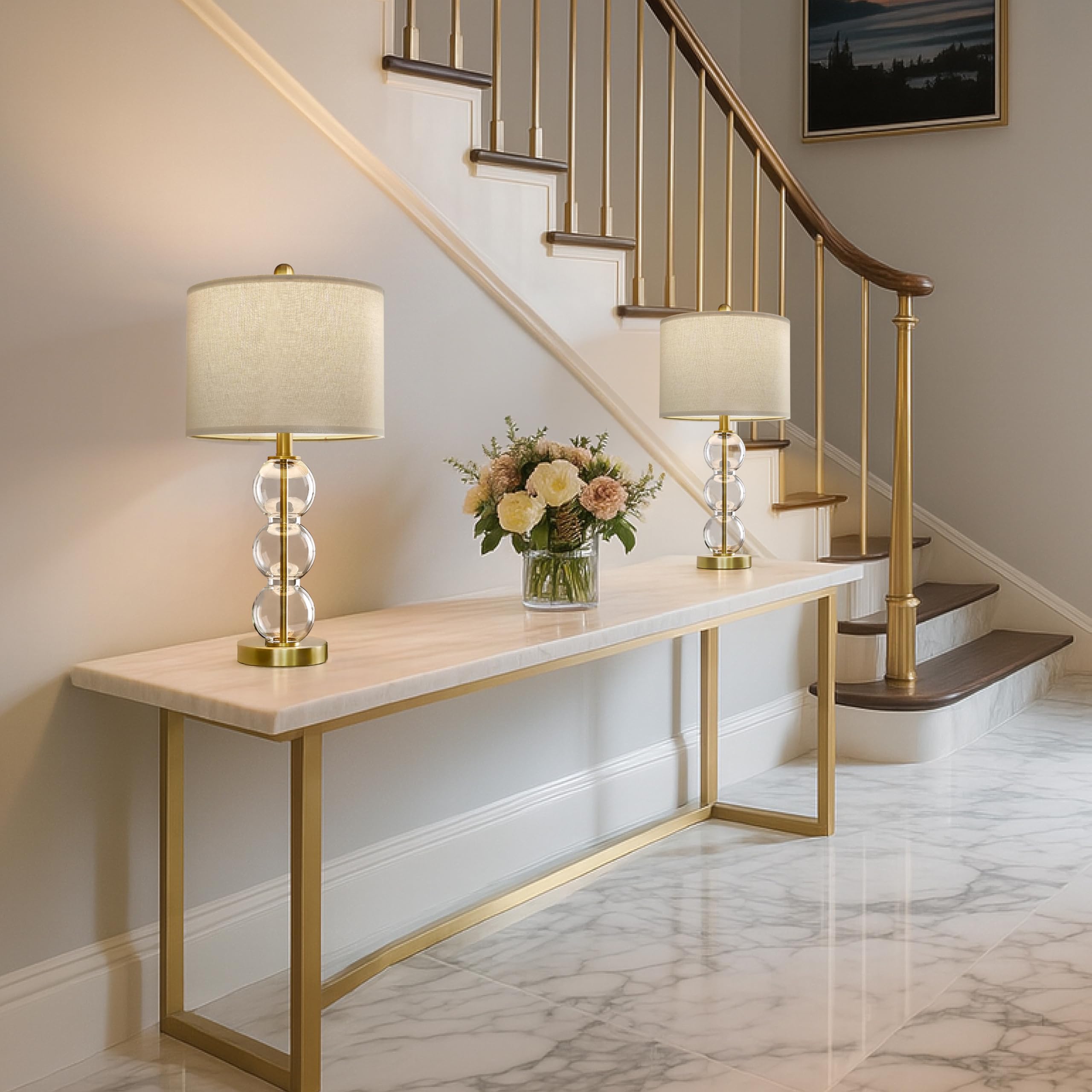 Oneach 24" Gold Glass Table Lamps Set of 2 with USB Ports, Linen Shade for Living Room & Bedroom, Model OYS-AMZ-T1123GL-U