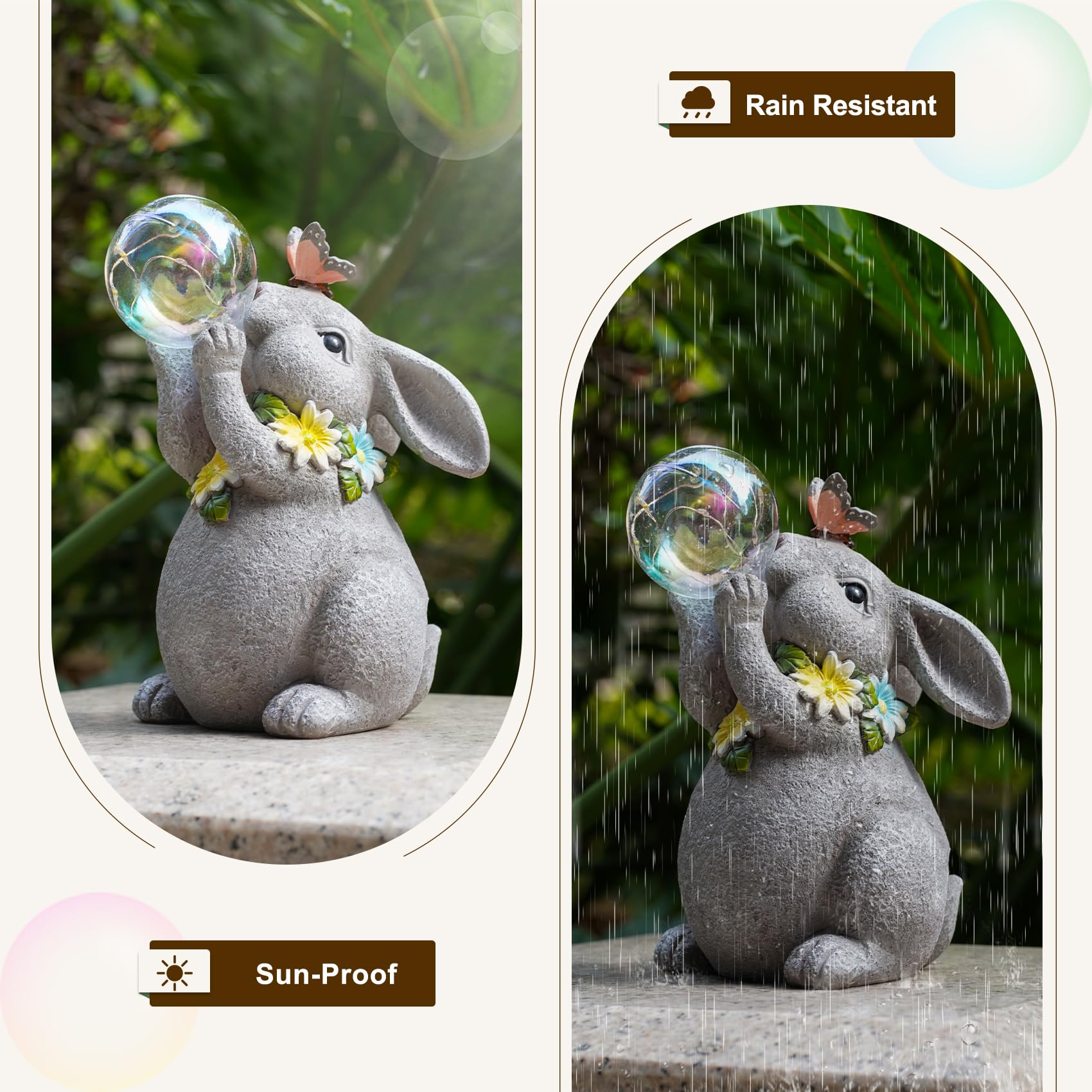 Mininova Solar Garden Decor Lights Rabbit Statue With Bubble Ball Waterproof Decorations Cute Bunny Figurine For Outside Spring Yard Lawn