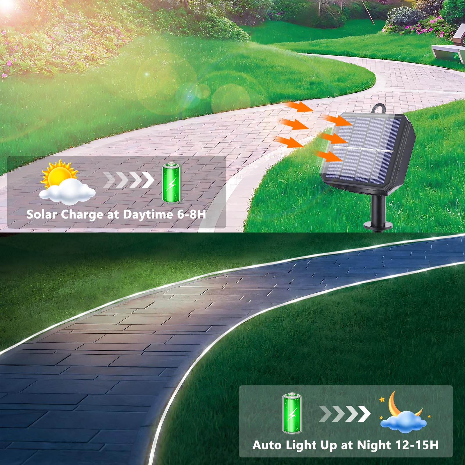 Solar Rope Lights, 2 Packs 66Ft 200Led Solar String Lights, 8 Modes Waterproof Solar Powered Outdoor Lights, Flexible Clear Tube