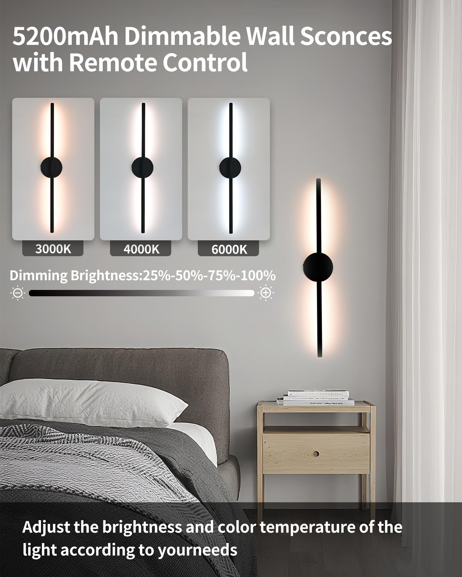 HCJIAJING Wireless Wall Sconces Set of 2 Linear,20Inch Battery Operated Wall Lights with Remote Control,360Rotate Dimmable Wall